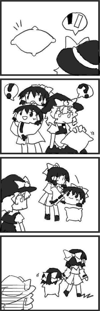 zattsu, zattsu (omega3390), hakurei reimu, kirisame marisa, touhou, long image, tall image, !, 4koma, ?, comic, female focus, greyscale, monochrome, silent comic, what, yukkuri shiteitte ne