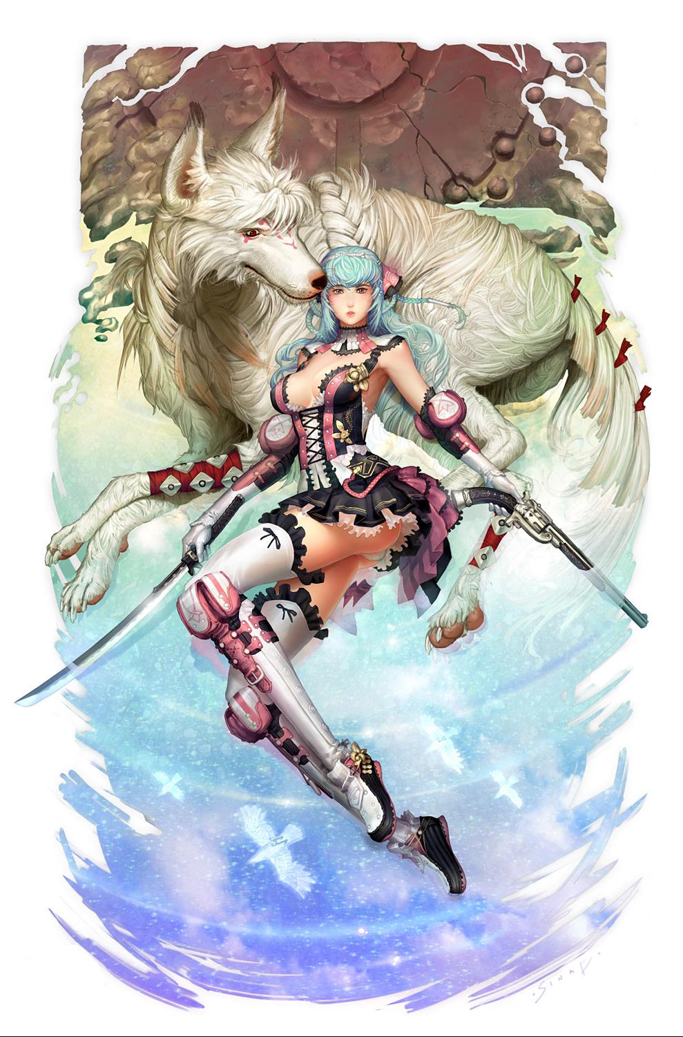 sinad aruatjanapat, original, highres, 1girl, animal, braid, breasts, female focus, gun, handgun, katana, large breasts, panties, revolver, sideboob, skirt, solo, sword, thighhighs, underwear, weapon