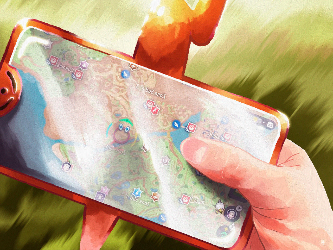 rotom, rotom phone, tarountula, nintendo, pokemon, pokemon sv, commentary, english commentary, artistic error, cellphone, fingernails, game screenshot inset, gen 4 pokemon, grass, holding, holding phone, map, metanagon, mirrored text, phone, screenshot inset, smartphone