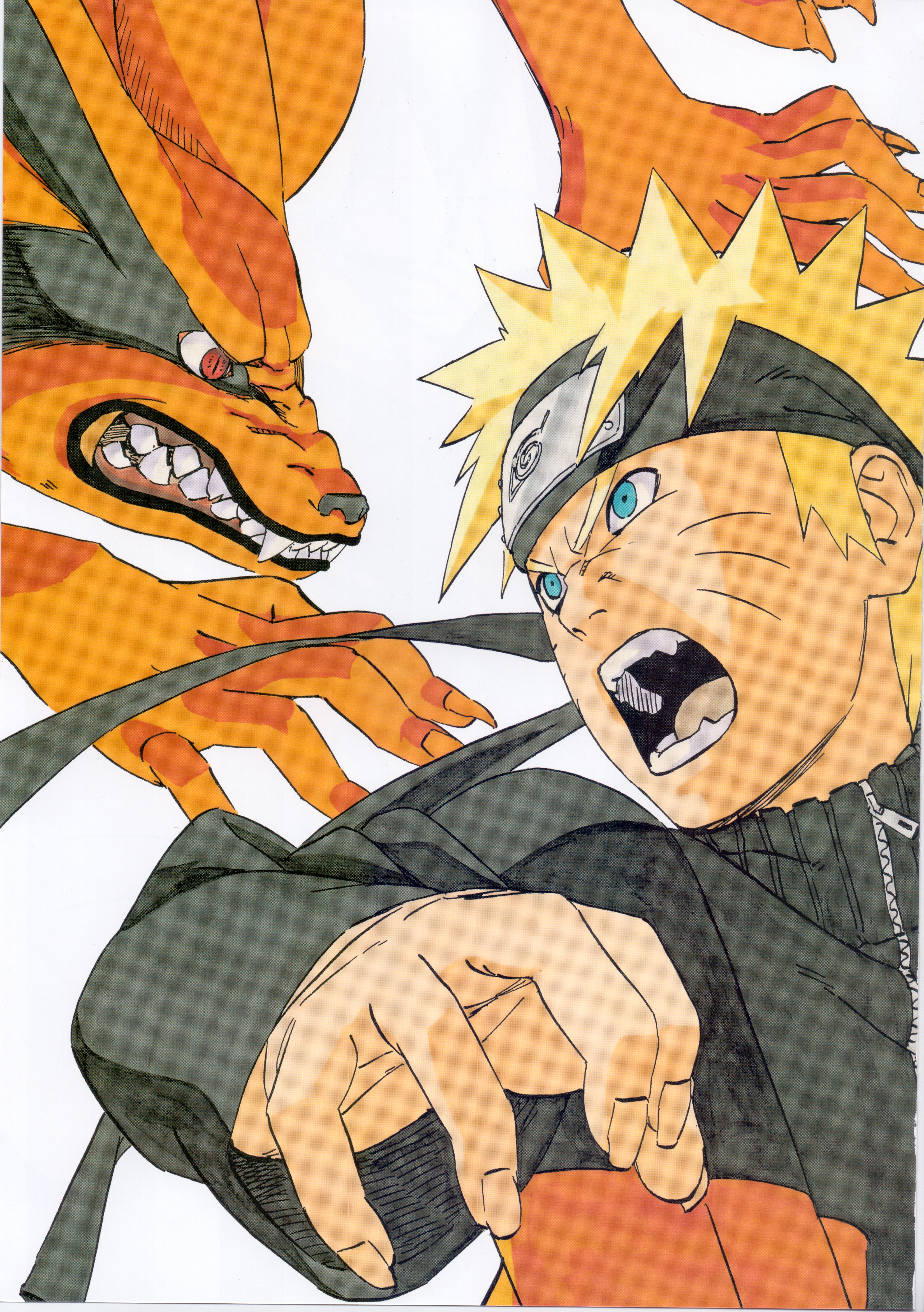 kishimoto masashi, kurama (naruto), uzumaki naruto, naruto (series), naruto shippuuden, absurdres, highres, official art, 1boy, black jacket, blonde hair, blue eyes, forehead protector, jacket, kitsune, konohagakure symbol, kyuubi, multicolored jacket, multiple tails, open clothes, orange fur, orange jacket, red eyes, shirt, short hair, simple background, tail, teeth, two-tone jacket, white background, white shirt