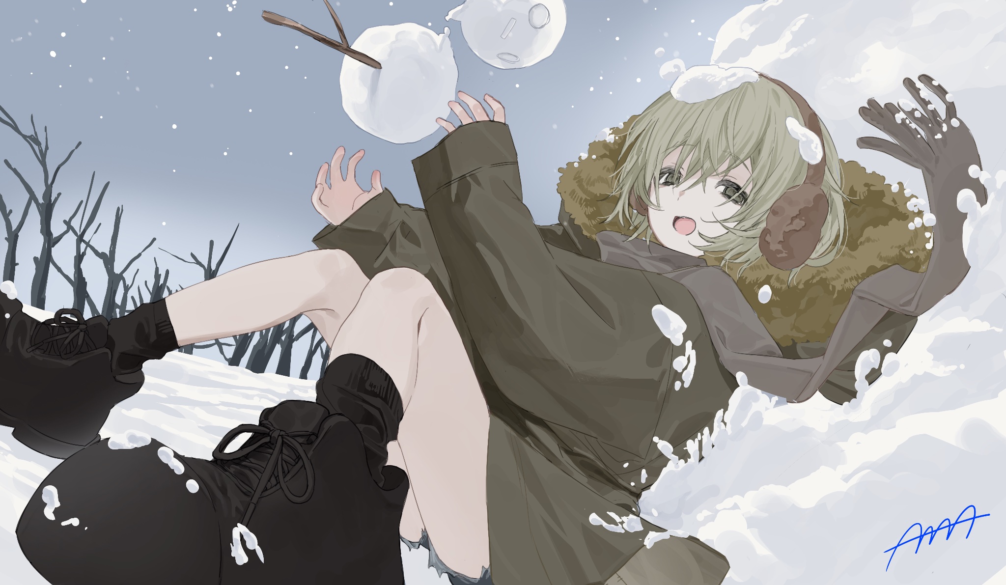 4 ge, original, commentary, highres, symbol-only commentary, 1girl, bags under eyes, bare tree, black eyes, black shoes, black socks, brown coat, coat, earmuffs, fur-trimmed coat, fur trim, grey hair, grey scarf, grey sky, hands up, long sleeves, looking at viewer, lying, on back, on ground, open mouth, outdoors, scarf, shoes, short hair, short shorts, shorts, signature, sky, sneakers, snow, snow on head, snowman, socks, solo, tree