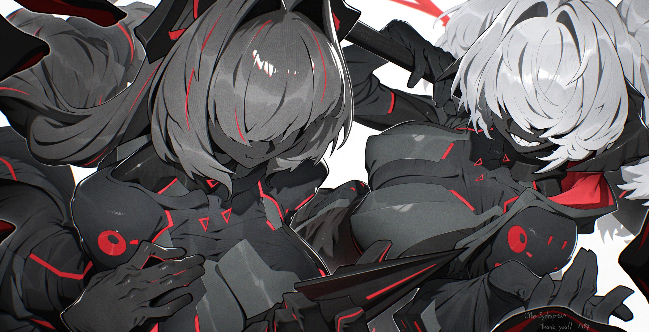 hata4564, original, commentary request, highres, 2girls, artist name, bodysuit, breasts, closed mouth, grey hair, grin, hair over eyes, holding, holding weapon, large breasts, long hair, looking at viewer, multiple girls, short hair, simple background, smile, teeth, upper body, weapon, white background, white hair