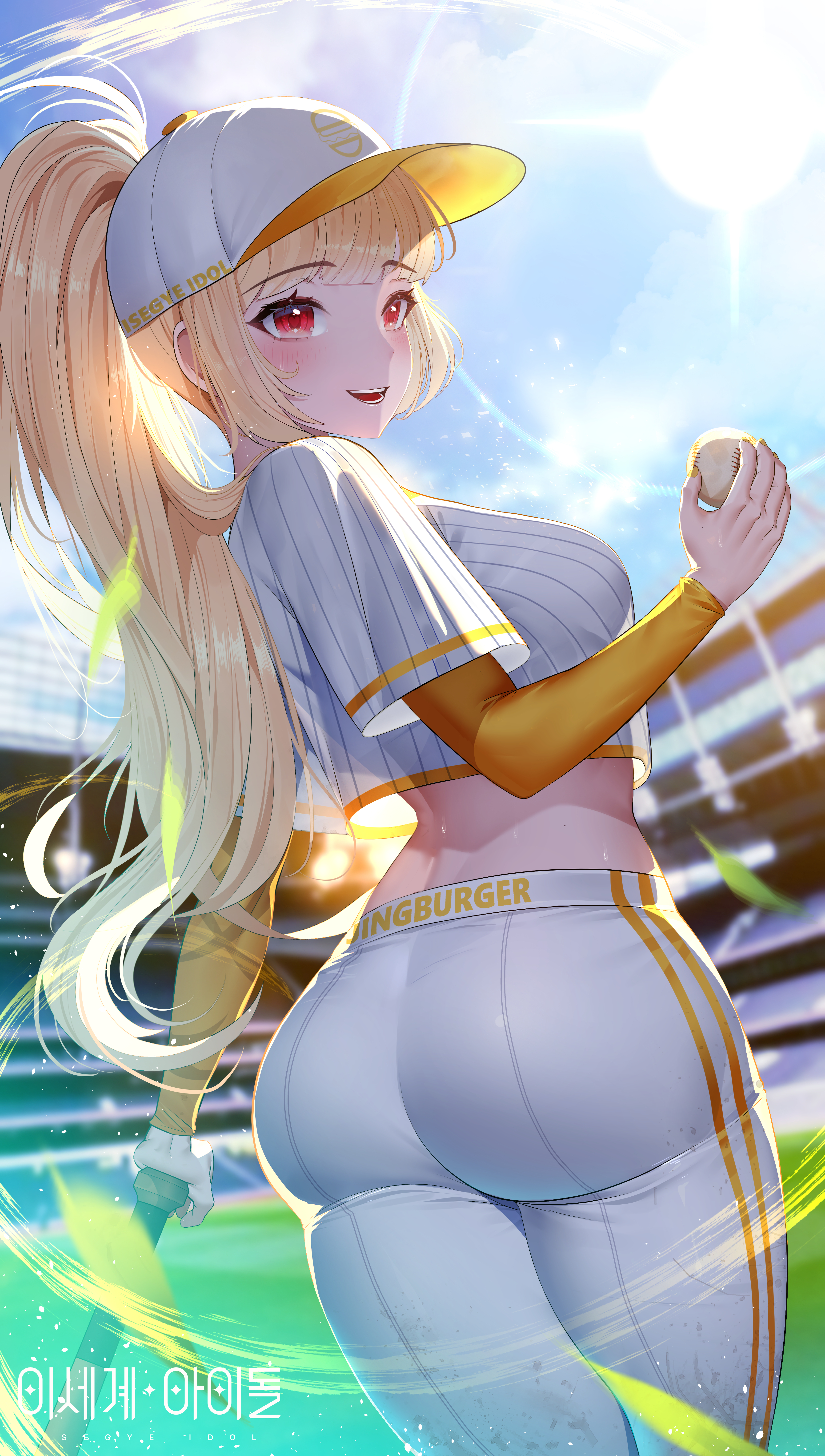 yeon do e, jingburger, waktaverse, absurdres, highres, korean commentary, making-of available, 1girl, ass, ball, baseball, baseball bat, baseball cap, baseball glove, baseball uniform, blonde hair, blue sky, blurry, blurry background, blush, breasts, cloud, cowboy shot, crop top, day, from behind, hat, holding, holding ball, lens flare, logo, long hair, long sleeves, looking at viewer, looking back, medium breasts, midriff, open mouth, outdoors, pants, ponytail, red eyes, shirt, short sleeves, sky, smile, solo, sportswear, stadium, standing, sunlight, very long hair, virtual youtuber, white hat, white pants, white shirt