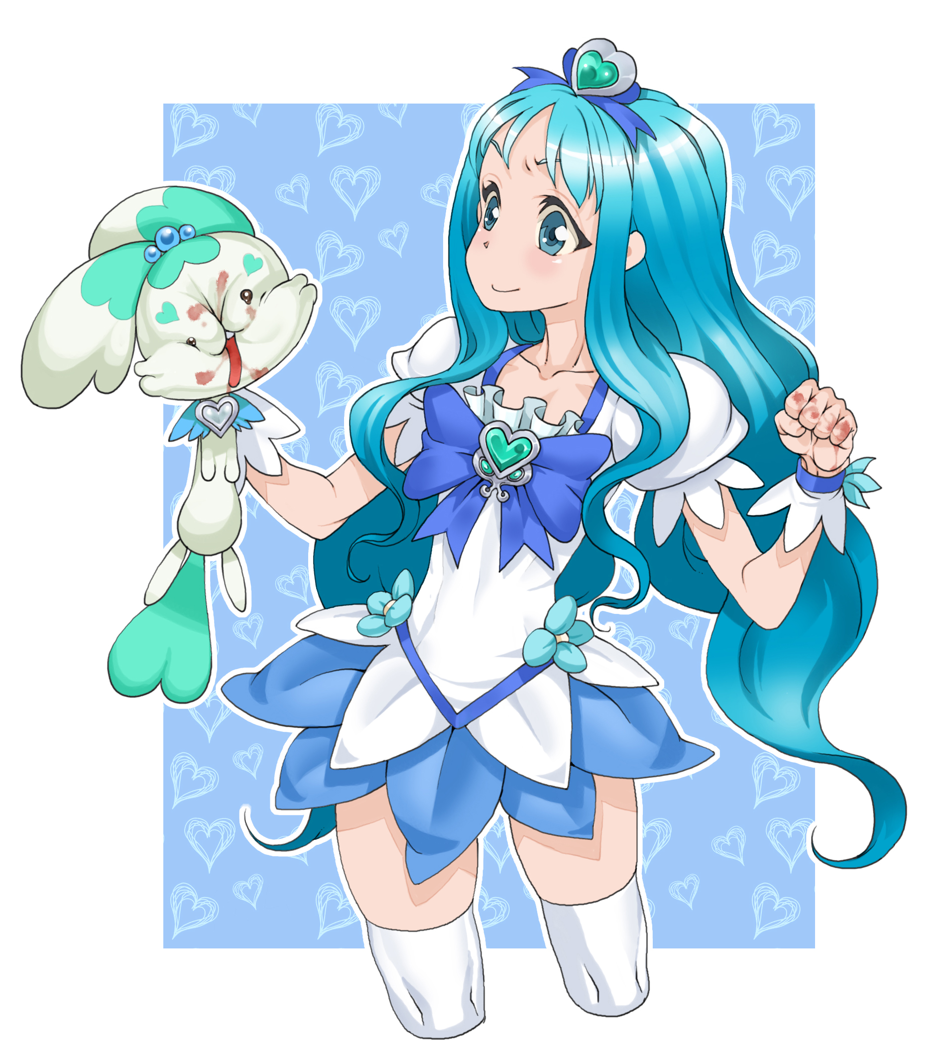 takoyaki neko-san, coffret (heartcatch precure!), cure marine, kurumi erika, heartcatch precure!, precure, highres, 10s, 1girl, blood, blue background, blue eyes, blue hair, blue skirt, blue theme, brooch, clenched hand, cropped legs, face punch, heart, heart background, heart brooch, in the face, injury, jewelry, magical girl, mascot, no choker, punching, skirt, thighhighs, violence, white thighhighs