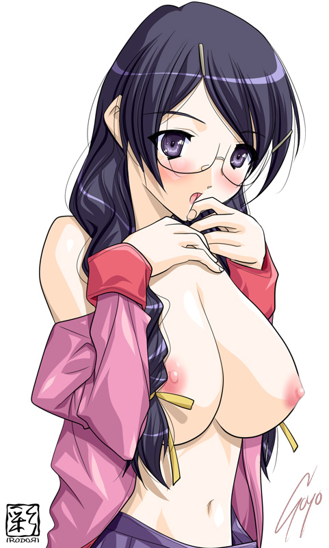 soyosoyo, hanekawa tsubasa, bakemonogatari, monogatari (series), nekomonogatari, 10s, 1girl, blush, braid, breasts, female focus, glasses, huge breasts, nipples, open clothes, open shirt, school uniform, serafuku, shirt, simple background, solo, twin braids, white background