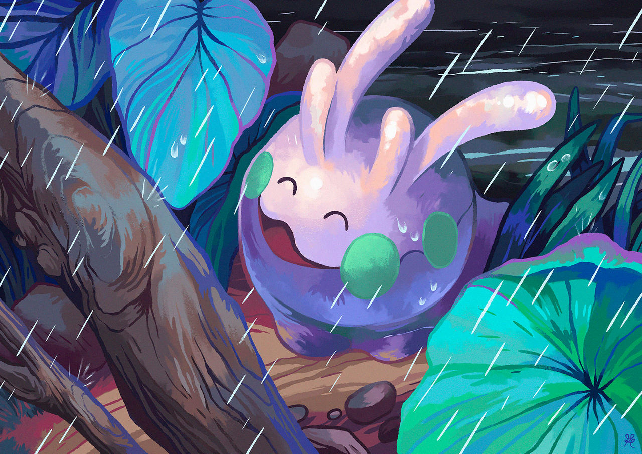 goomy, nintendo, pokemon, commentary, english commentary, closed eyes, gen 6 pokemon, leaf, metanagon, no humans, open mouth, outdoors, pokemon (creature), pokemon focus, rain, smile, solo, wet