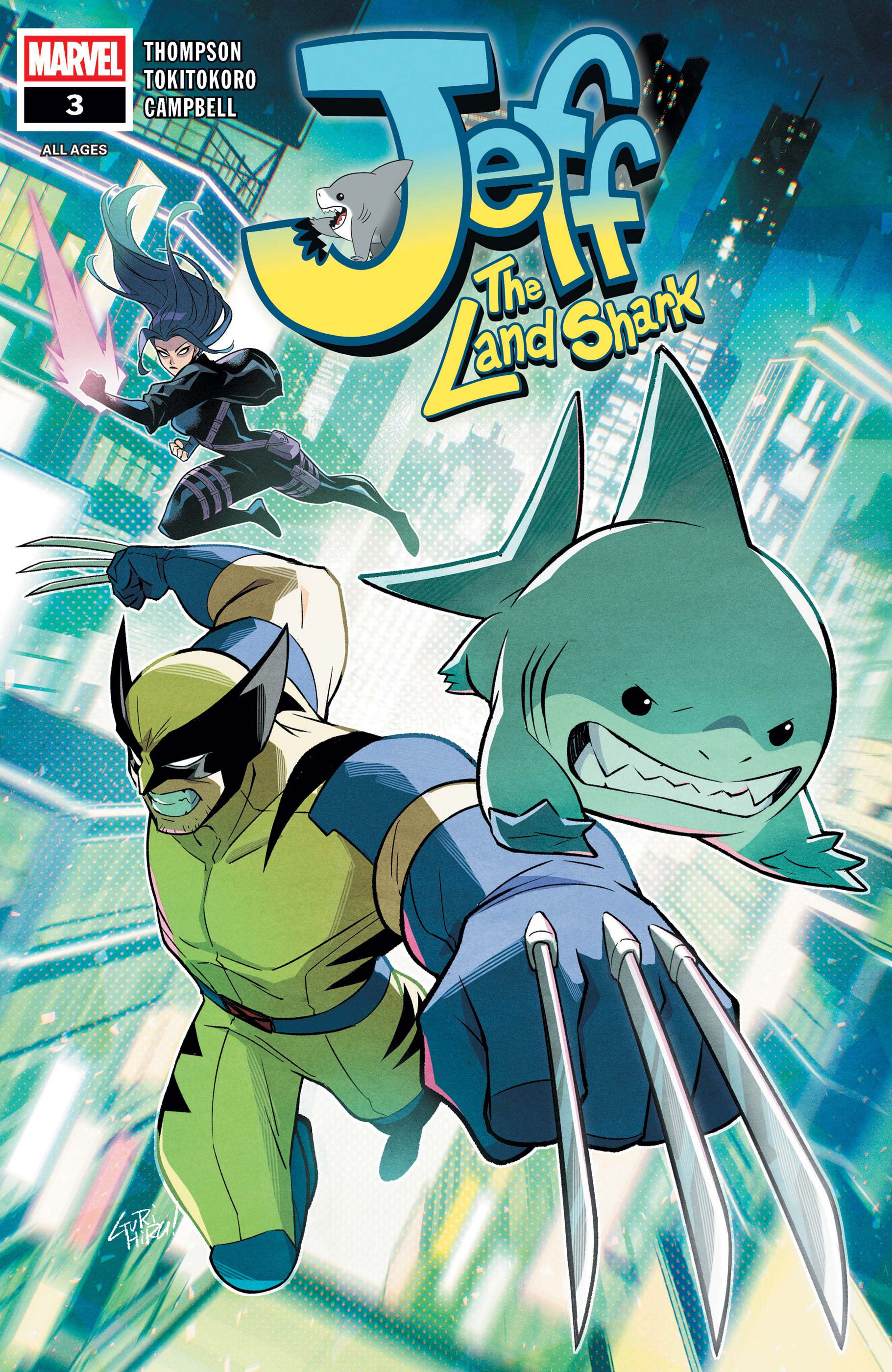 gurihiru, jeff (marvel), psylocke, wolverine (x-men), marvel, x-men, absurdres, comic cover, highres, official art, 1boy, 1girl, black bodysuit, black jacket, blue boots, blue gloves, bodysuit, boots, character name, city, claw (weapon), clenched teeth, company name, copyright logo, copyright name, cover, cover page, cowl, energy sword, english text, facial hair, gills, gloves, jacket, knee pads, logo, long hair, motion blur, muscular, muscular male, night, no pupils, outdoors, purple hair, shark, shark fin, sharp teeth, stubble, superhero costume, sword, teeth, weapon, yellow bodysuit