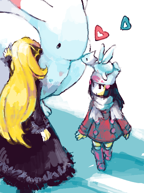 yo mo, cynthia (pokemon), dawn (pokemon), togekiss, togetic, nintendo, pokemon, pokemon dppt, bad id, bad pixiv id, 00s, 2girls, age difference, alternate costume, blonde hair, blue hair, boots, child, gen 2 pokemon, gen 4 pokemon, hat, heart, kiss, multiple girls, onee-loli, pink boots, pokemon (creature), scarf, winter clothes, yuri