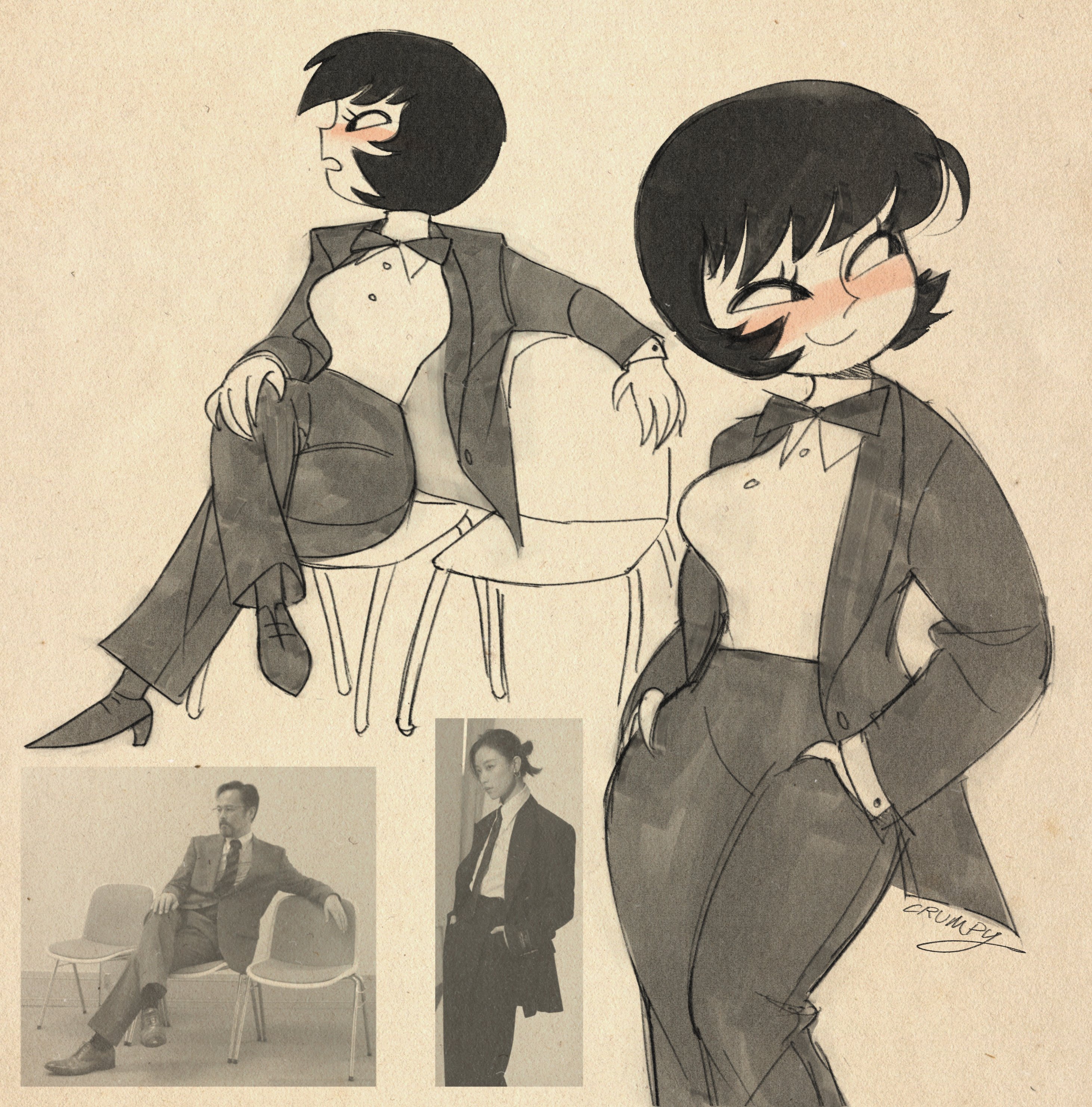 chronocrump, jucika, jucika (comic), absurdres, commentary, english commentary, highres, 1girl, black hair, blush, closed eyes, monochrome, multiple views, pants, short hair, signature, smile, tailcoat
