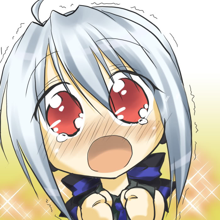 yowane haku, vocaloid, silver hair, 1girl, ^^^, blush, chibi, female focus, red eyes, solo, tears