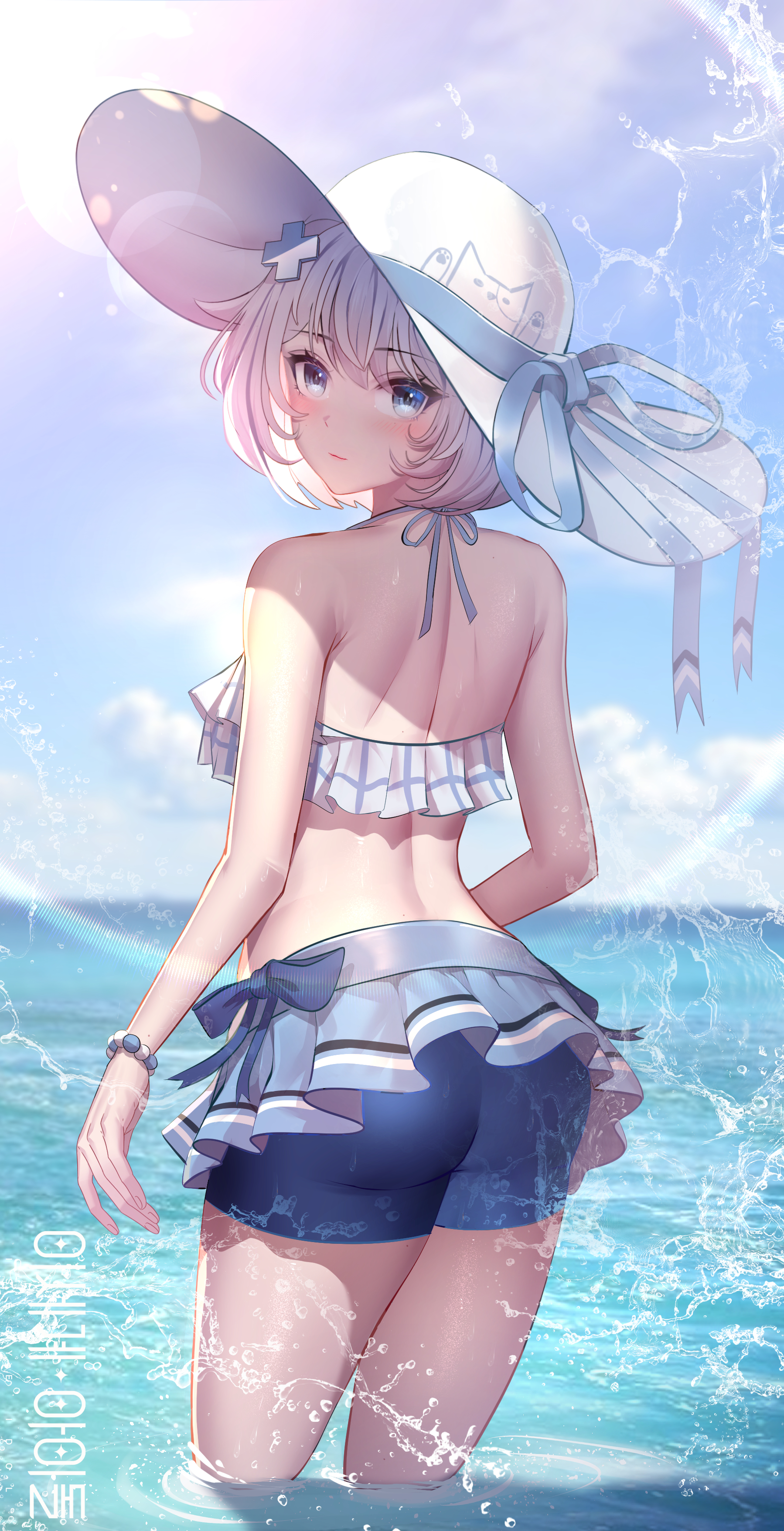 yeon do e, gosegu, waktaverse, absurdres, highres, korean commentary, 1girl, ass, back, bare shoulders, bikini, bikini skirt, blue eyes, blue shorts, blue sky, blush, bracelet, day, frilled bikini, frills, from behind, hair ornament, hat, jewelry, looking at viewer, looking back, ocean, outdoors, short hair, shorts, sky, solo, summer, sun hat, swimsuit, virtual youtuber, wading, water, white hair, white hat