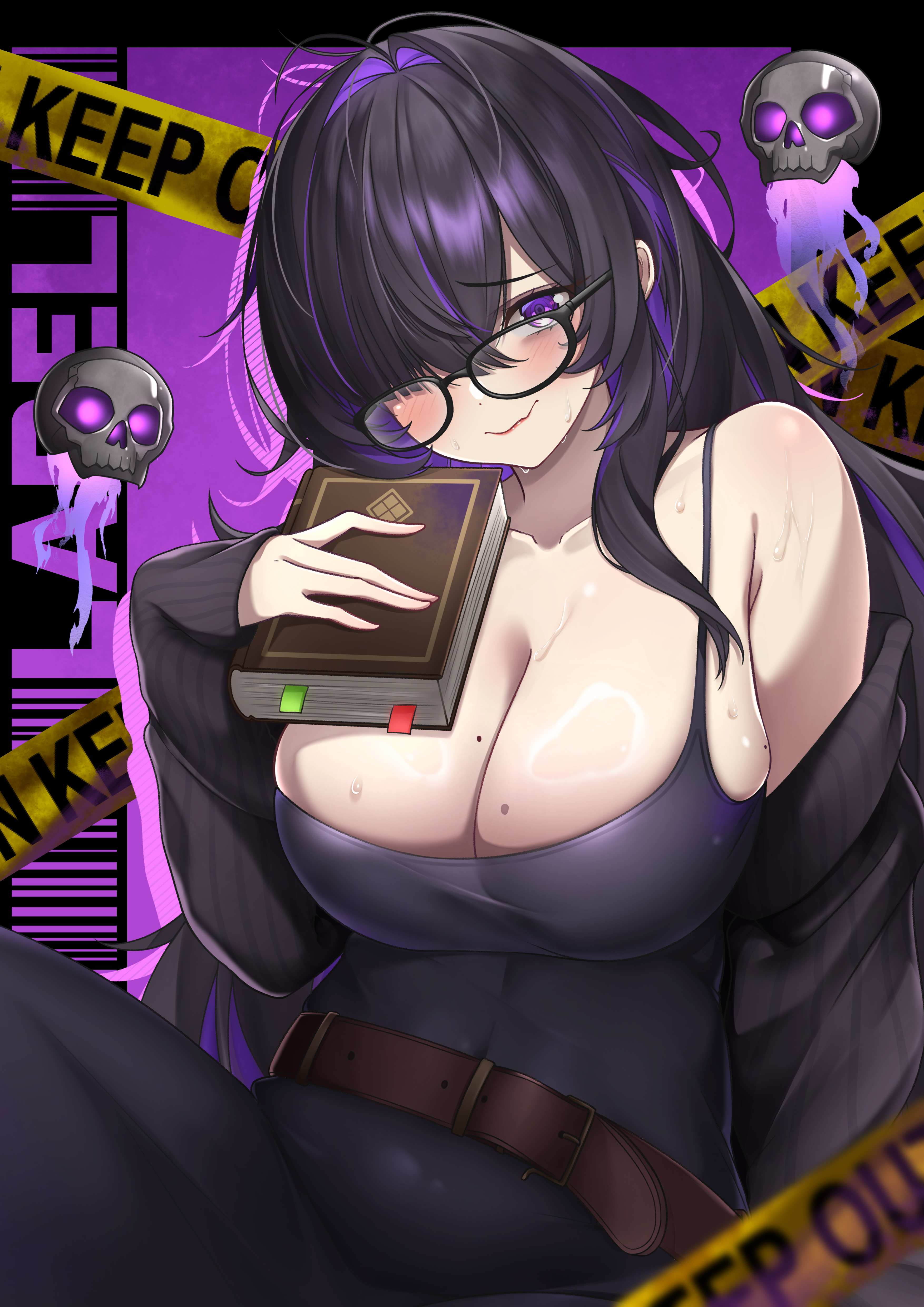 mr2d, label (nikke), goddess of victory: nikke, absurdres, commentary request, highres, 1girl, armpit crease, belt, black cardigan, black dress, black hair, blush, book, breasts, cardigan, cardigan partially removed, caution tape, cleavage, collarbone, dress, floating skull, hair over one eye, holding, holding book, keep out, large breasts, long hair, looking at viewer, mole, mole on breast, multicolored hair, one eye covered, purple eyes, purple hair, skull, smile, solo, spaghetti strap, streaked hair, sweat, two-tone hair, very long hair