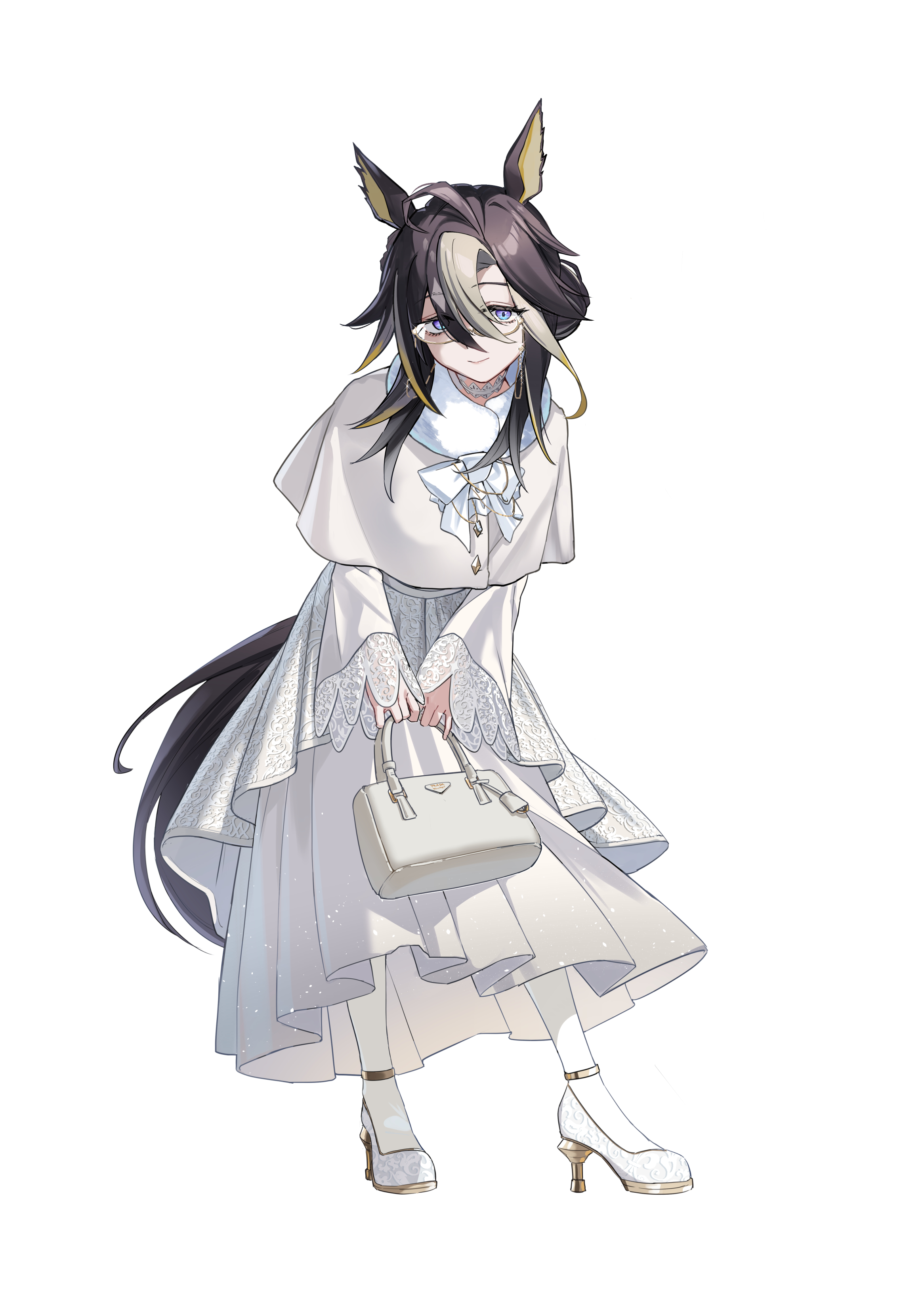 fuyukayui, dream journey (snow-white dreamland) (umamusume), dream journey (umamusume), umamusume, absurdres, commentary request, highres, 1girl, animal ears, bag, blonde hair, blue eyes, bow, brown hair, capelet, closed mouth, colored inner animal ears, dress, eyewear strap, full body, glasses, hair between eyes, handbag, high heels, holding, holding bag, horse ears, horse girl, horse tail, long hair, long sleeves, multicolored hair, shoes, simple background, smile, solo, standing, streaked hair, tail, white background, white bag, white bow, white capelet, white dress, white hair, white shoes
