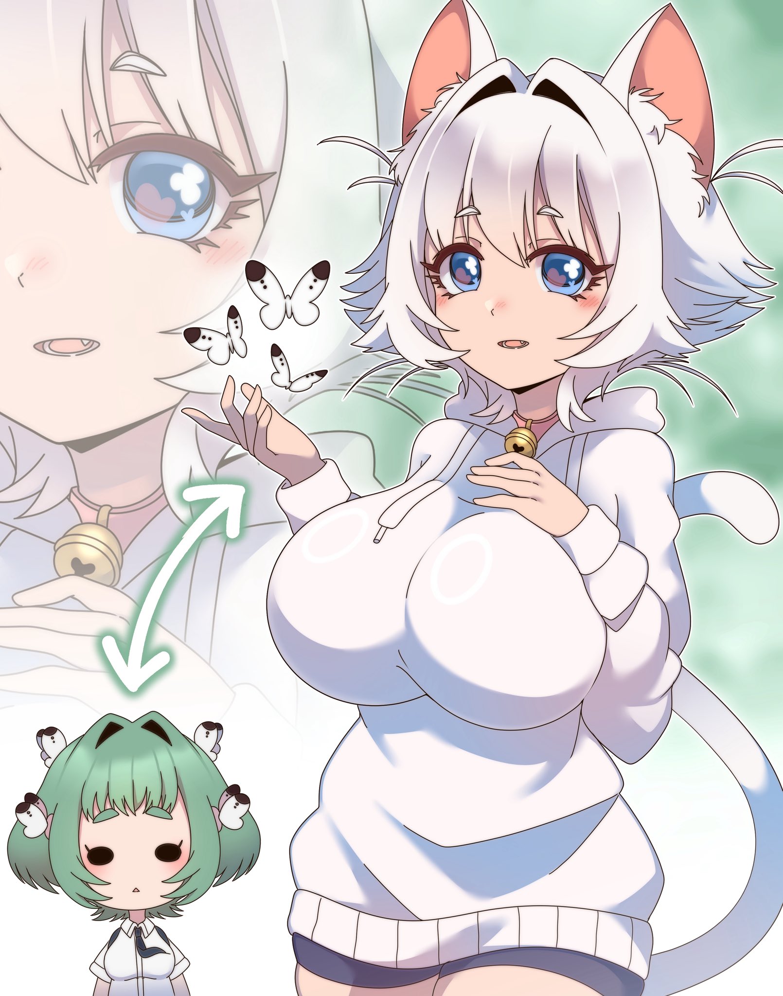 erigo, nekonari tama, yasashiki yamame, kimi no koto ga dai dai dai dai daisuki na 100-nin no kanojo, commentary, english commentary, highres, 2girls, animal ear fluff, animal ears, arrow (symbol), bell, bike shorts, blue eyes, breasts, bug, butterfly, butterfly on head, cat ears, cat tail, chibi, chibi inset, collar, cowboy shot, drawstring, fang, green hair, hair intakes, hand on own chest, heart, heart in eye, hood, hood down, hoodie, huge breasts, insect, jacket, jingle bell, long sleeves, looking at viewer, multiple girls, neck bell, no pants, open clothes, open jacket, pink collar, short hair, smile, solid circle eyes, symbol in eye, tail, triangle mouth, white hair, white hoodie, zoom layer