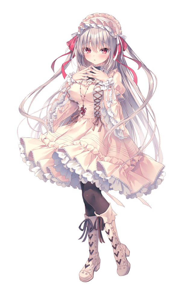 rubi-sama, 1girl, boots, dress, full body, hairband, high heel boots, high heels, lolita fashion, lolita hairband, long hair, looking at viewer, own hands together, red eyes, saki (rubi-sama), solo, tachi-e, transparent background, very long hair, white dress, white hair, yume utsutsu quintet