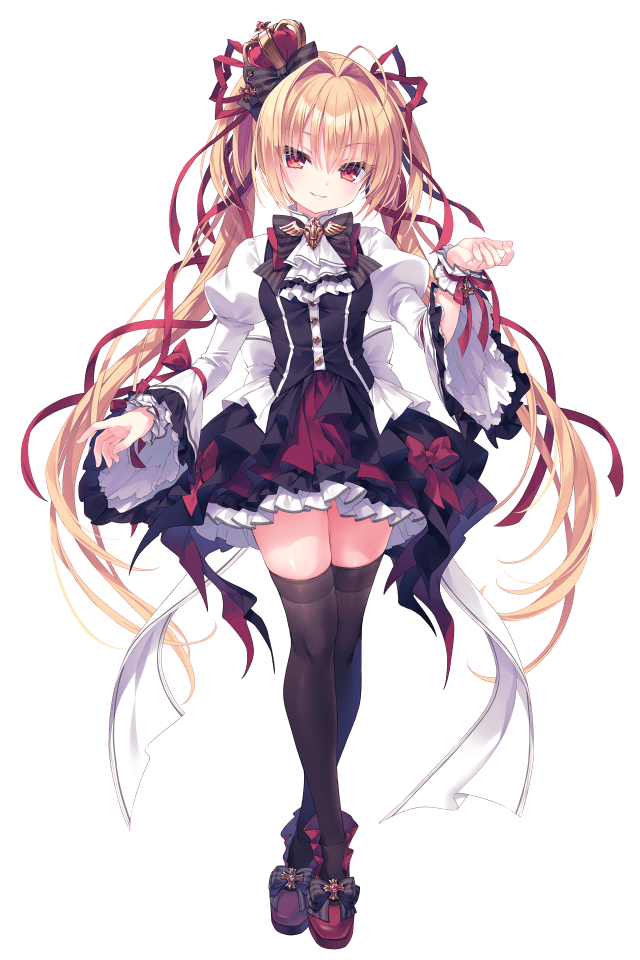 rubi-sama, 1girl, black thighhighs, blonde hair, crown, dress, elena (rubi-sama), full body, hair ribbon, juliet sleeves, long hair, long sleeves, looking at viewer, puffy sleeves, red eyes, ribbon, short dress, smile, solo, tachi-e, thighhighs, transparent background, twintails, very long hair, yume utsutsu quintet, zettai ryouiki