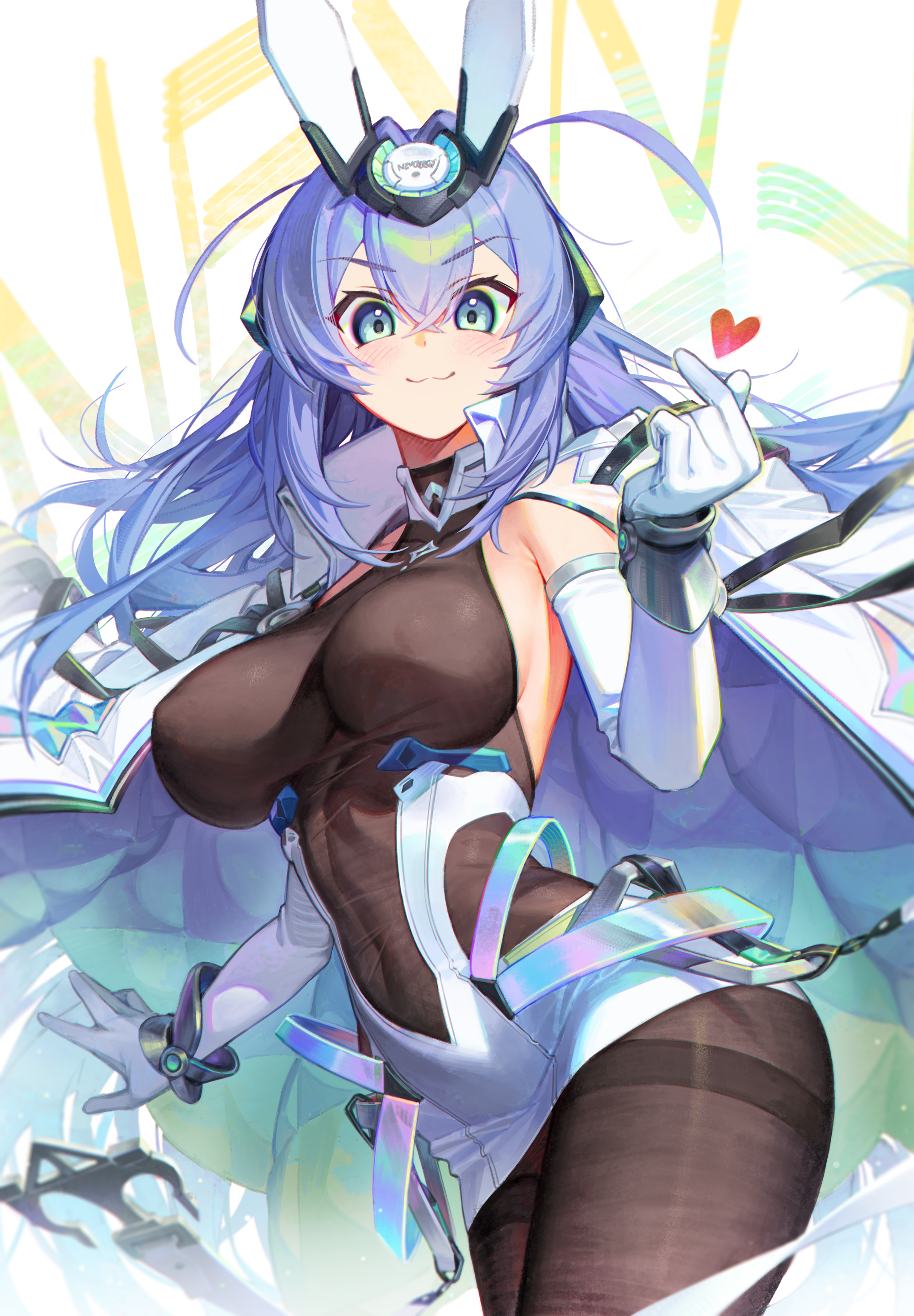 dl (dl 6ix), new jersey (azur lane), azur lane, absurdres, commentary request, highres, revision, 1girl, :3, anchor ornament, bare shoulders, blue eyes, blue hair, blush, bodystocking, breasts, cleavage, closed mouth, coat, covered navel, crossed bangs, detached sleeves, dress, finger heart, gloves, hair between eyes, halterneck, hand up, headgear, heart, iridescent, large breasts, light particles, long hair, looking at viewer, miniskirt, open clothes, open coat, short dress, sidelocks, skirt, smile, solo, thighs, very long hair, white background, white coat, white gloves, wrist guards