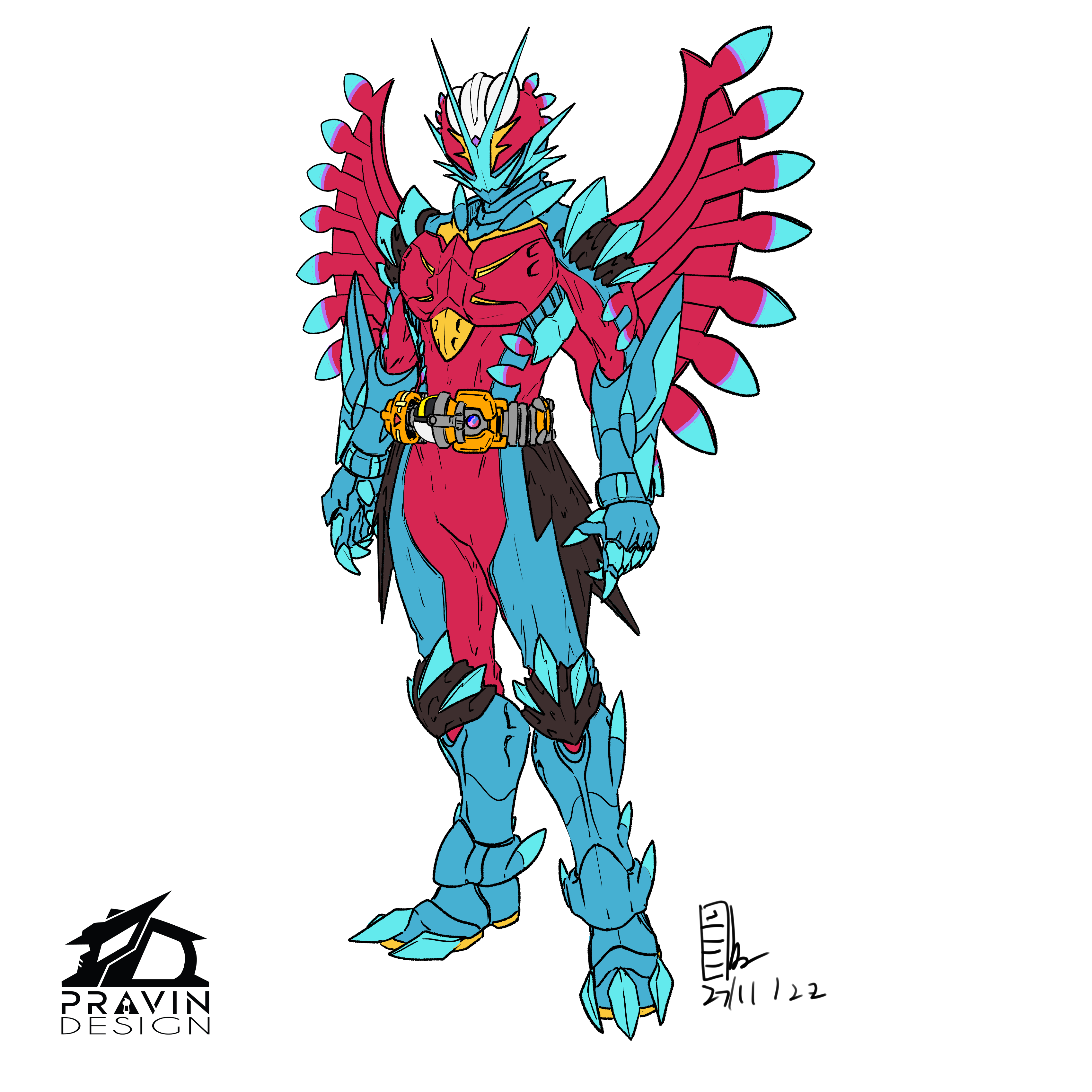 pravin rao santheran, roaring moon, kamen rider, nintendo, pokemon, tokusatsu, absurdres, commentary, english commentary, highres, 1boy, 2022, antennae, arm at side, armor, artist name, belt, breastplate, clawed gauntlets, dated, dragon wings, full body, helmet, humanization, knee armor, mechanical wings, mega stone, poke ball, power armor, rider belt, shoulder armor, simple background, solo, spikes, standing, ultra ball, white background, wings