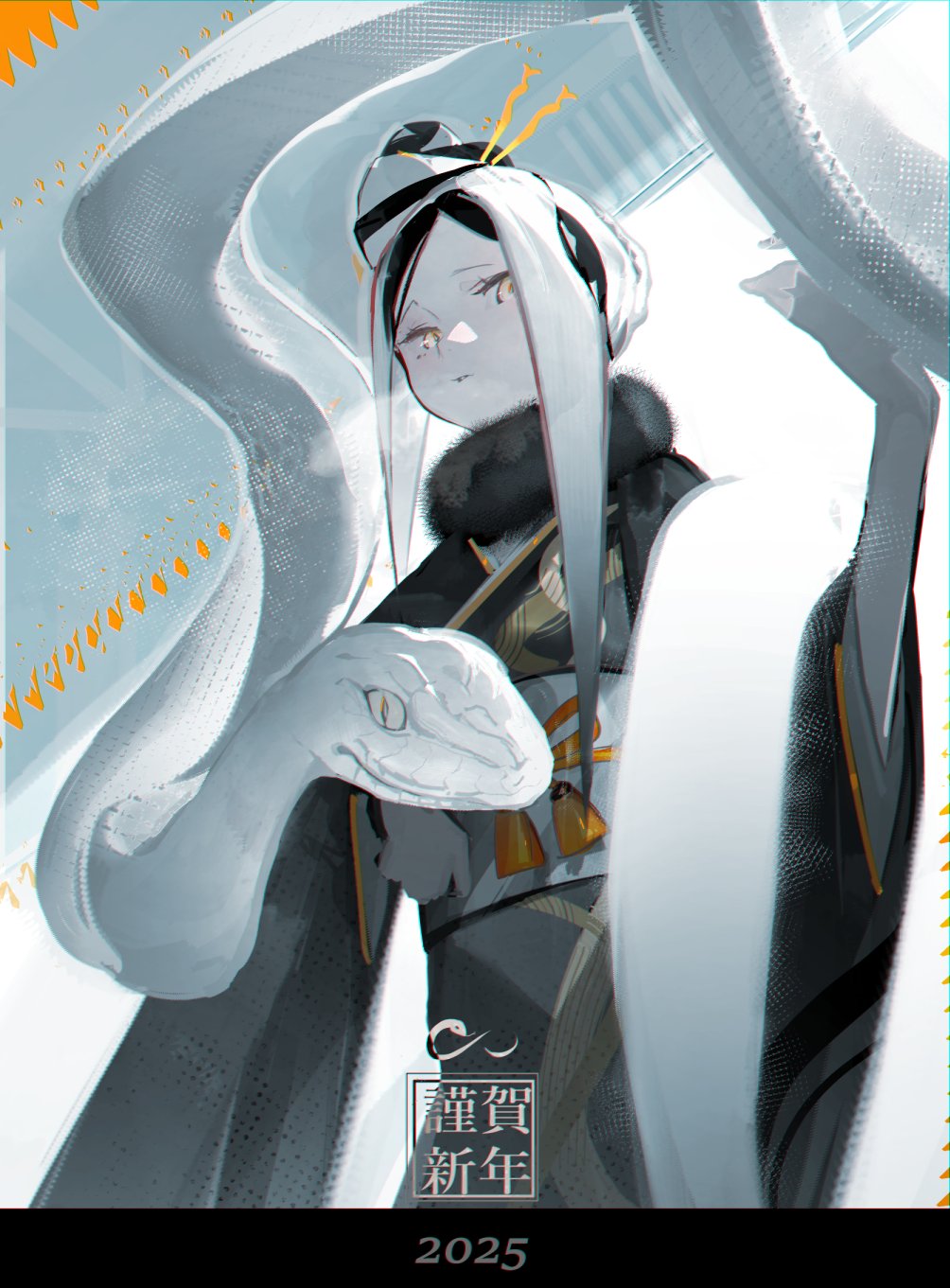 kuronoiparoma, original, commentary request, highres, 1girl, 2025, black kimono, breath, chinese zodiac, expressionless, happy new year, japanese clothes, kimono, looking at viewer, new year, snake, solo, white hair, white snake, year of the snake, yellow eyes