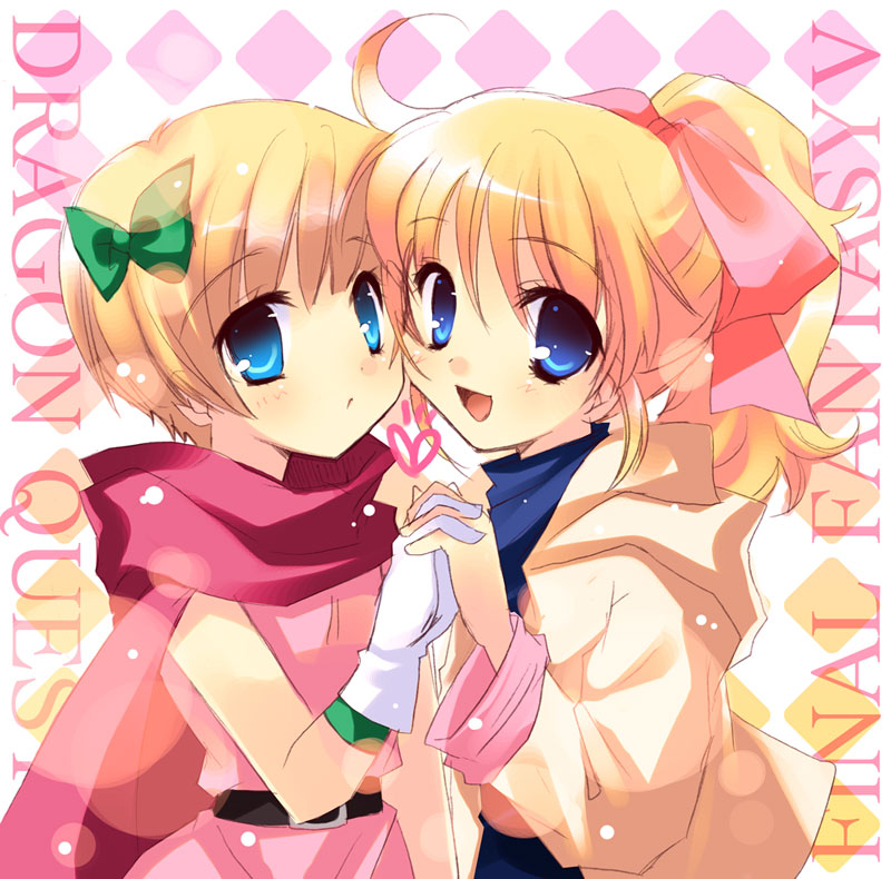 izumi makoto, hero's daughter (dq5), krile mayer baldesion (ff5), dragon quest, dragon quest v, final fantasy, final fantasy v, 1990s (style), 2girls, blonde hair, blue eyes, blush, bow, cape, child, female focus, gloves, hair bow, holding hands, multiple girls, ponytail, short hair