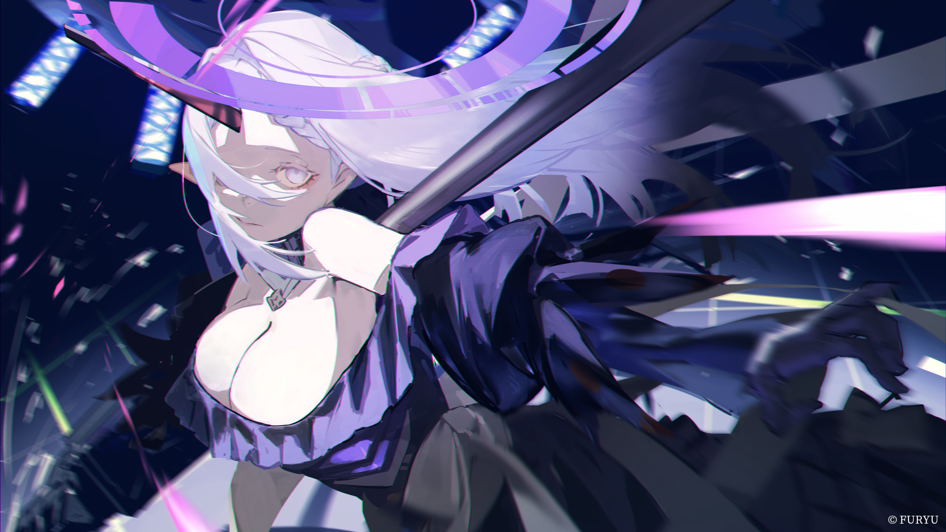 kuronoiparoma, crymachina, commentary request, highres, 1girl, ami shido (crymachina), android, breasts, cleavage, dress, fighting stance, guest art, hair over one eye, halo, holding, holding weapon, horns, large breasts, long hair, looking at viewer, single horn, solo, weapon, white eyes, white hair