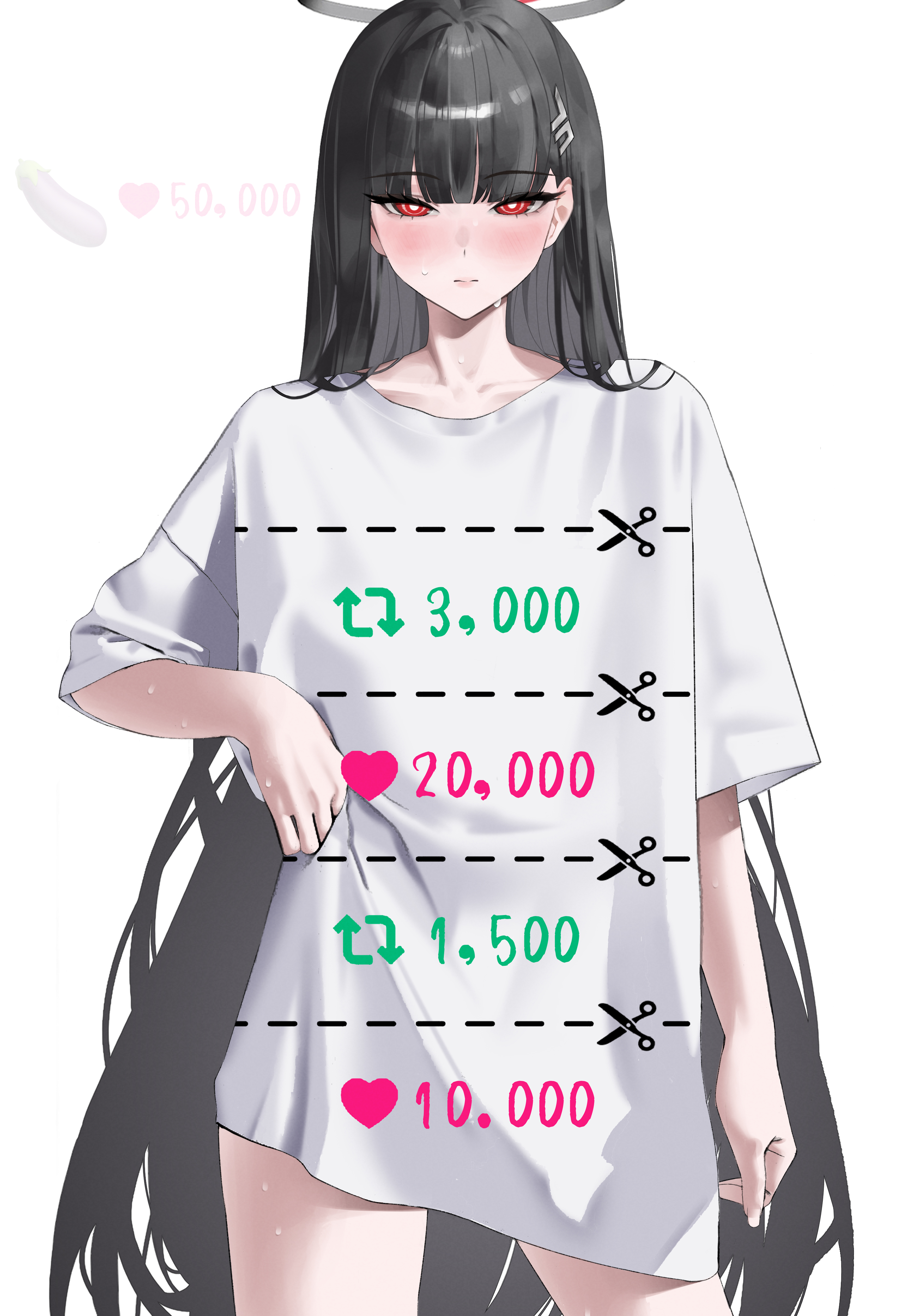 whyd5424, rio (blue archive), blue archive, absurdres, commentary, highres, 1girl, alternate costume, black hair, blunt bangs, blush, bright pupils, collarbone, cowboy shot, cut-here line, halo, like and retweet, long hair, looking at viewer, no pants, red eyes, ringed eyes, shirt, short sleeves, simple background, solo, straight hair, sweat, t-shirt, thighs, twitter cutting game, twitter strip game, very long hair, white background, white pupils, white shirt