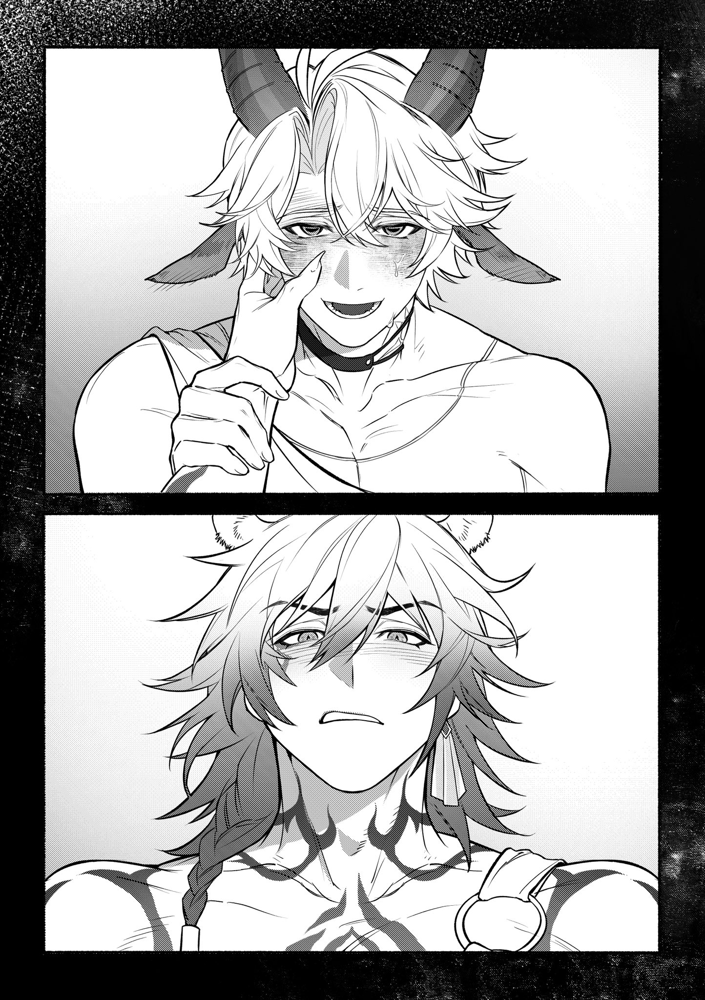 mydei (honkai: star rail), phainon (honkai: star rail), honkai: star rail, honkai (series), highres, 2boys, animal ears, antenna hair, black choker, black coat, blush, braid, choker, clawed gauntlets, coat, earrings, fsh887624596321, greyscale, hand on another's face, holding another's wrist, horns, jewelry, lion boy, lion ears, male focus, medium hair, monochrome, multiple boys, neck tattoo, parted bangs, sheep boy, sheep ears, sheep horns, short hair, side braid, sun symbol, sun tattoo, tan, tattoo, yaoi