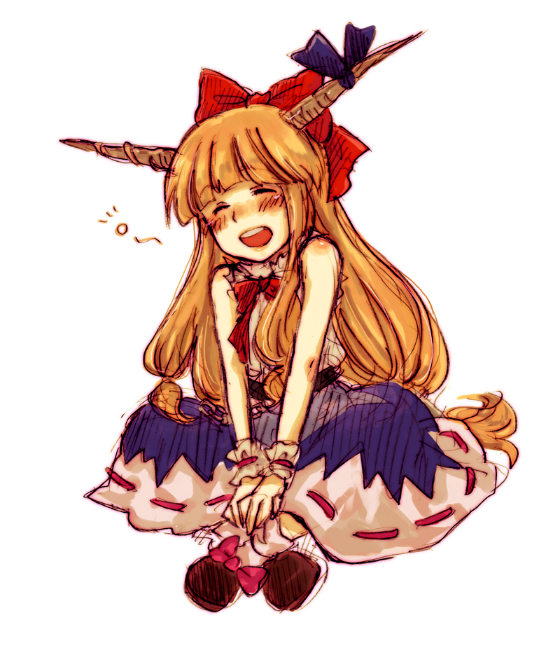 tsun (tsuncha), tsuncha, ibuki suika, touhou, bad id, bad pixiv id, 1girl, :d, bare shoulders, blush, bow, closed eyes, drunk, female focus, hair bow, happy, horn ornament, horn ribbon, horns, indian style, large bow, open mouth, orange hair, ribbon, sitting, sketch, smile, solo, squeans, v arms