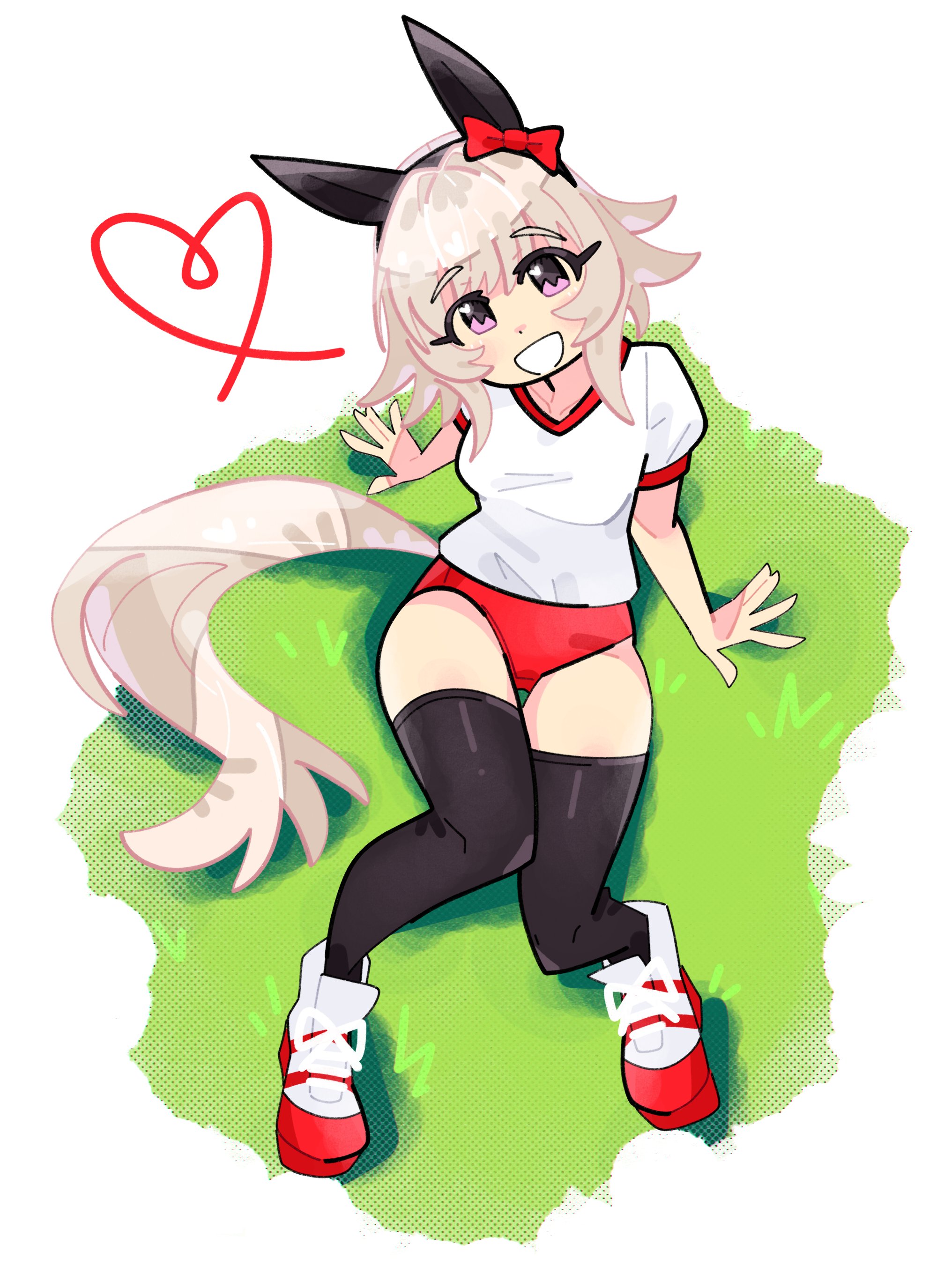 bourbunbun, curren chan (umamusume), umamusume, absurdres, commentary, highres, 1girl, :d, animal ears, bow, buruma, collarbone, drawn heart, ear bow, from above, full body, grey hair, heart, horse girl, looking at viewer, on grass, open mouth, pink eyes, red buruma, shirt, simple background, smile, solo, tail, thighhighs, tracen training uniform, white shirt