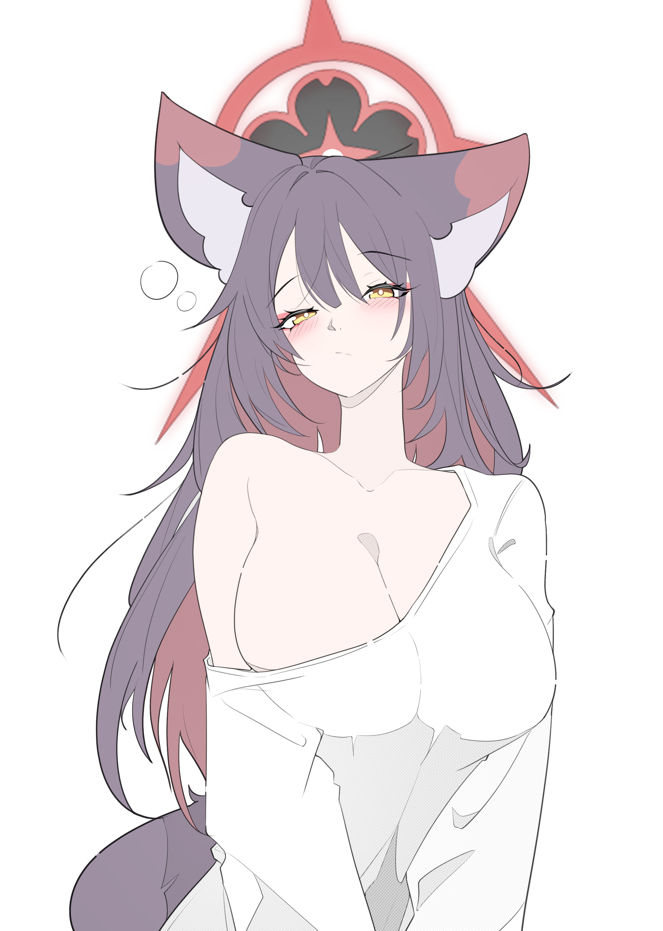 amebrew, wakamo (blue archive), blue archive, absurdres, commentary, highres, 1girl, :/, alternate costume, animal ears, blush, breasts, bright pupils, brown hair, cleavage, collarbone, eyeshadow, fox ears, fox girl, fox tail, halo, large breasts, long hair, makeup, multicolored hair, red eyeshadow, red hair, shirt, simple background, single bare shoulder, sleepy, solo, squeans, tail, two-tone hair, very long hair, white background, white pupils, white shirt, yellow eyes