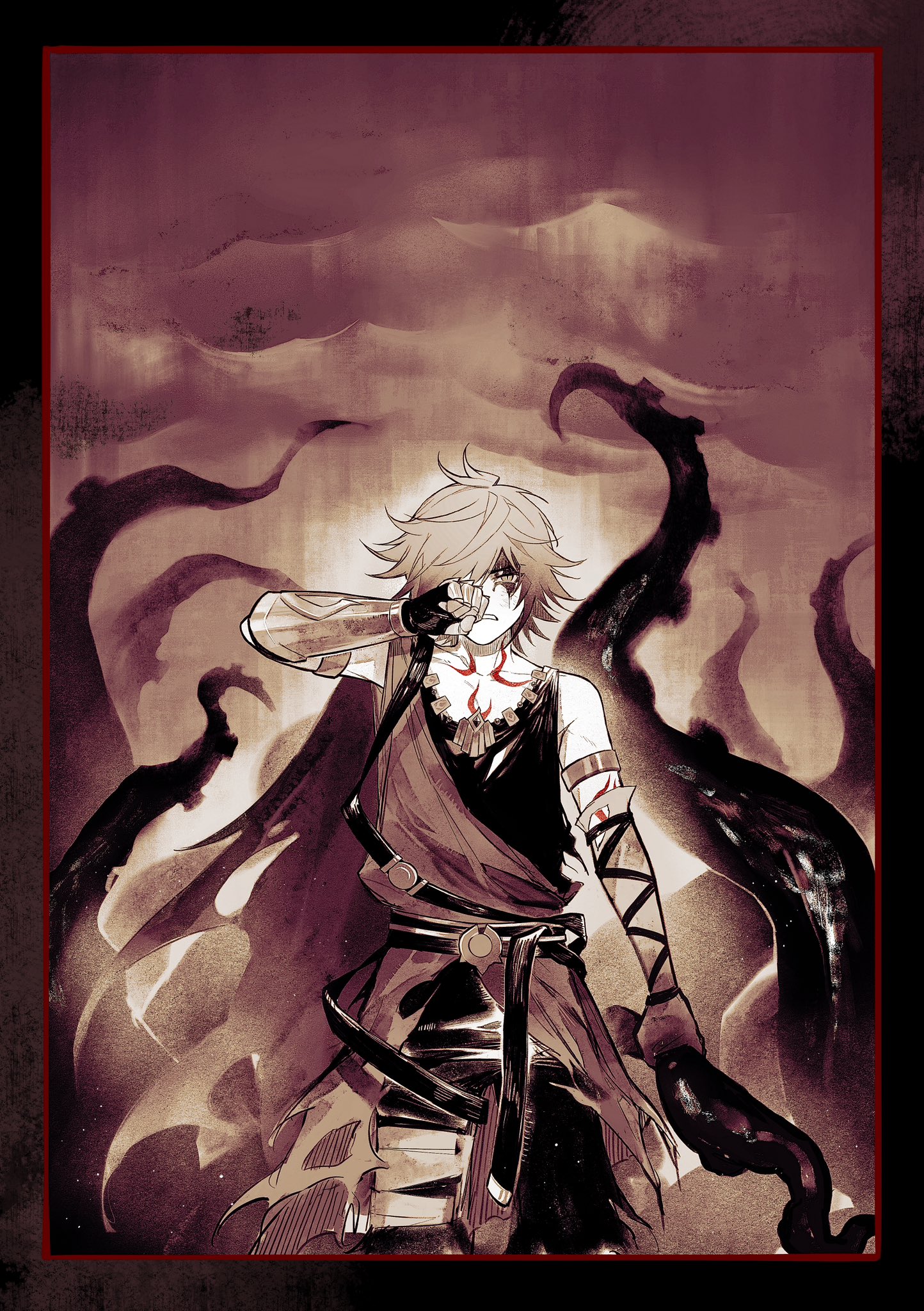 mydei (a trail of bygone blood) (honkai: star rail), mydei (honkai: star rail), honkai: star rail, honkai (series), chinese commentary, commentary request, highres, 1boy, arm tattoo, armlet, bandaged leg, bandages, black shorts, black tank top, blood, blood on face, cape, chest tattoo, clawed gauntlets, fsh887624596321, gauntlets, gold necklace, jewelry, male focus, medium hair, monochrome, necklace, red tattoo, sepia, shirt, shorts, side cape, single gauntlet, solo, spot color, tank top, tattoo, tentacles, torn clothes, torn shirt, torn shorts