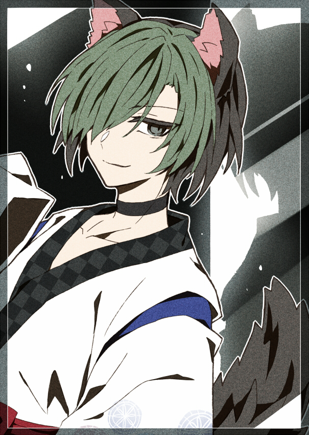 higanbana no saku yoru ni, commentary, symbol-only commentary, 1boy, animal ears, black hair, black tail, checkered clothes, choker, green eyes, green hair, japanese clothes, kimono, kyou (higanbana), multicolored hair, one eye covered, short hair, smirk, solo, tail, two-tone hair, umibenokurage, wolf boy, wolf ears, wolf tail