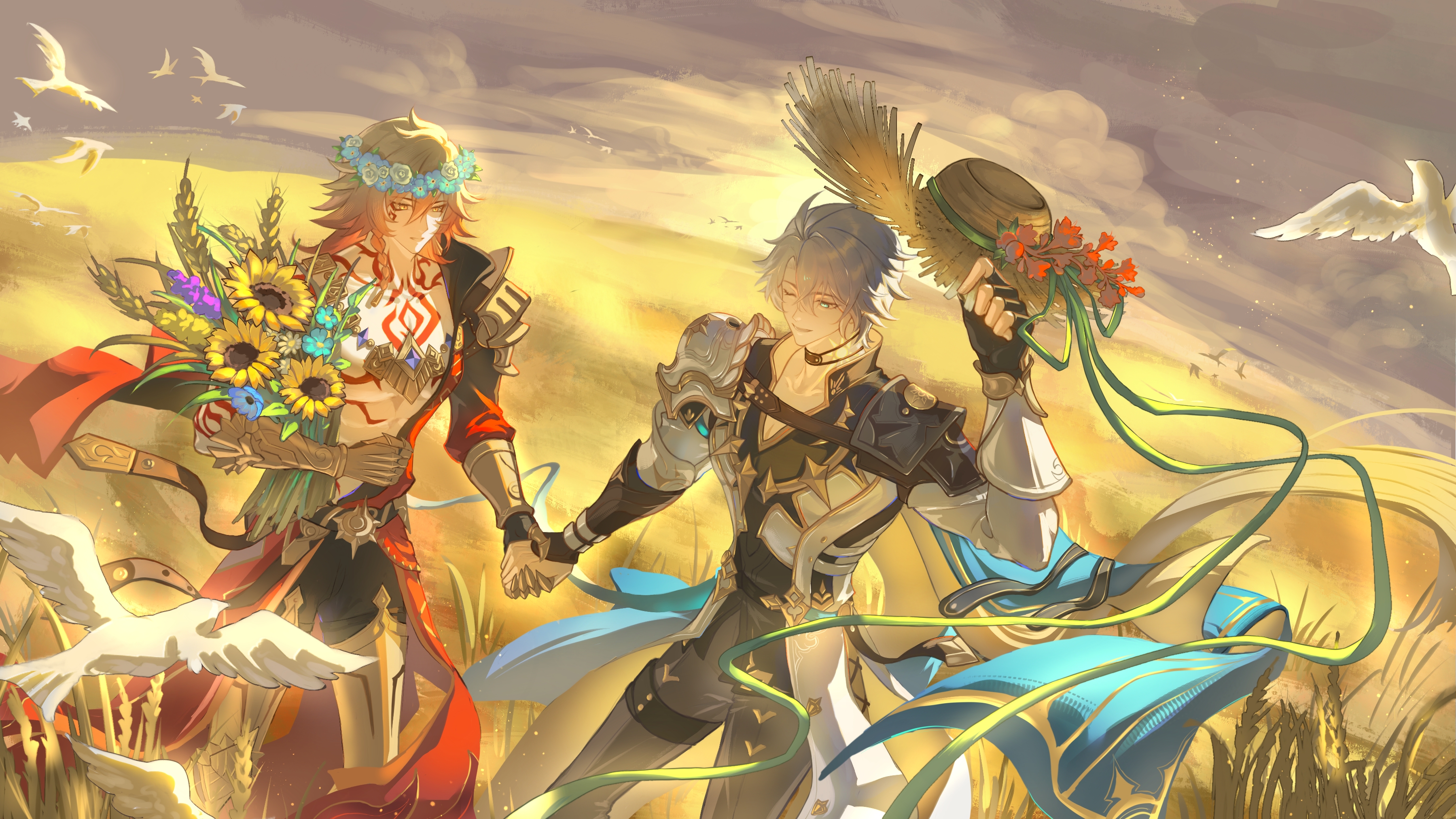 mydei (honkai: star rail), phainon (honkai: star rail), honkai: star rail, honkai (series), absurdres, chinese commentary, commentary request, highres, 2boys, antenna hair, arm tattoo, armlet, armor, black choker, black coat, black gloves, black pants, black shirt, blonde hair, blue cape, blue eyes, bouquet, braid, cape, chest tattoo, choker, clawed gauntlets, coat, earrings, facial tattoo, fingerless gloves, flower, flower wreath, gloves, gold earrings, gold necklace, gradient hair, hat, holding, holding bouquet, holding hands, holding unworn clothes, holding unworn hat, jewelry, leg armor, male focus, medium hair, multicolored hair, multiple boys, neck tattoo, necklace, one eye closed, open clothes, open coat, pants, parted bangs, pauldrons, red cape, red hair, red tattoo, shirt, short hair, shoulder armor, side braid, side cape, single glove, single pauldron, straw hat, sun symbol, sun tattoo, sunflower, tan, tattoo, thigh strap, unworn hat, unworn headwear, wheat field, white coat, white hair, yaoi, yellow eyes, yuexili05034