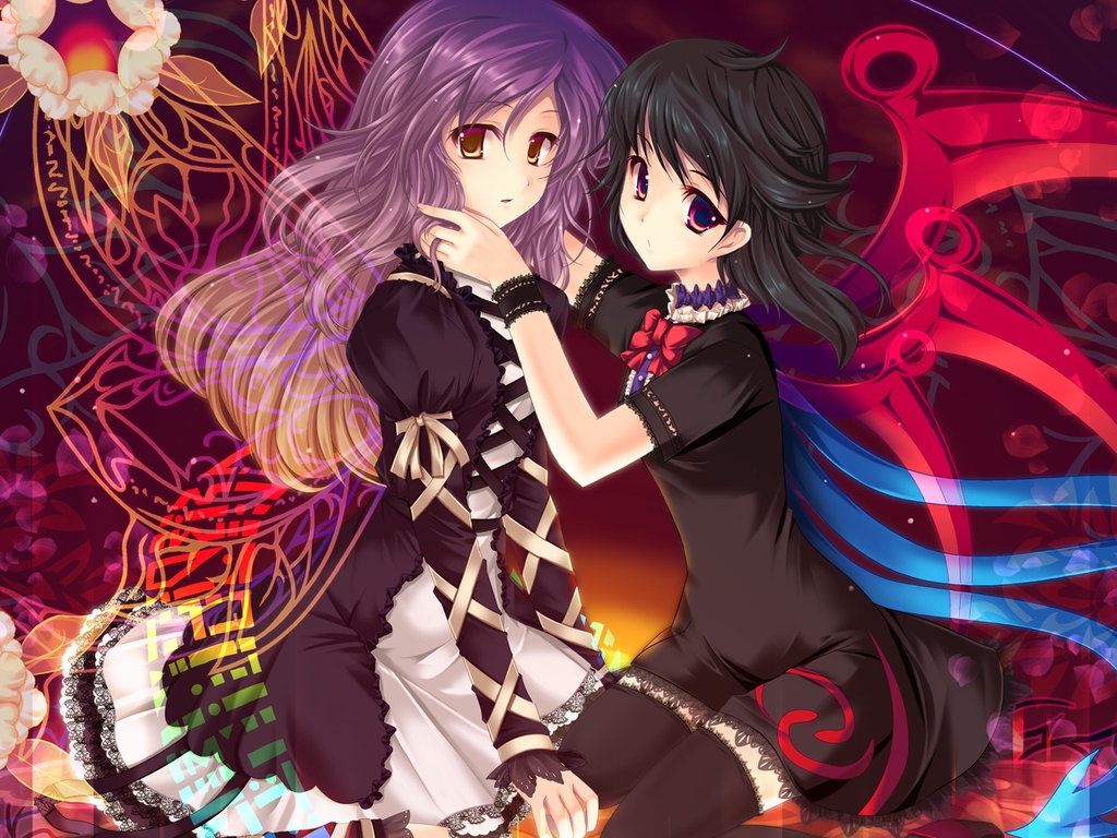 hijiri byakuren, houjuu nue, touhou, 2girls, asymmetrical wings, black hair, black thighhighs, bow, butterfly wings, dress, female focus, insect wings, multiple girls, purple hair, red eyes, sorcerer's sutra scroll, thighhighs, wings