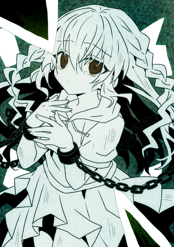 numata youko, higanbana no saku yoru ni, commentary, symbol-only commentary, 1girl, braid, brown eyes, chain, cuff links, green hair, green theme, jacket, long hair, skirt, solo, tears, umibenokurage