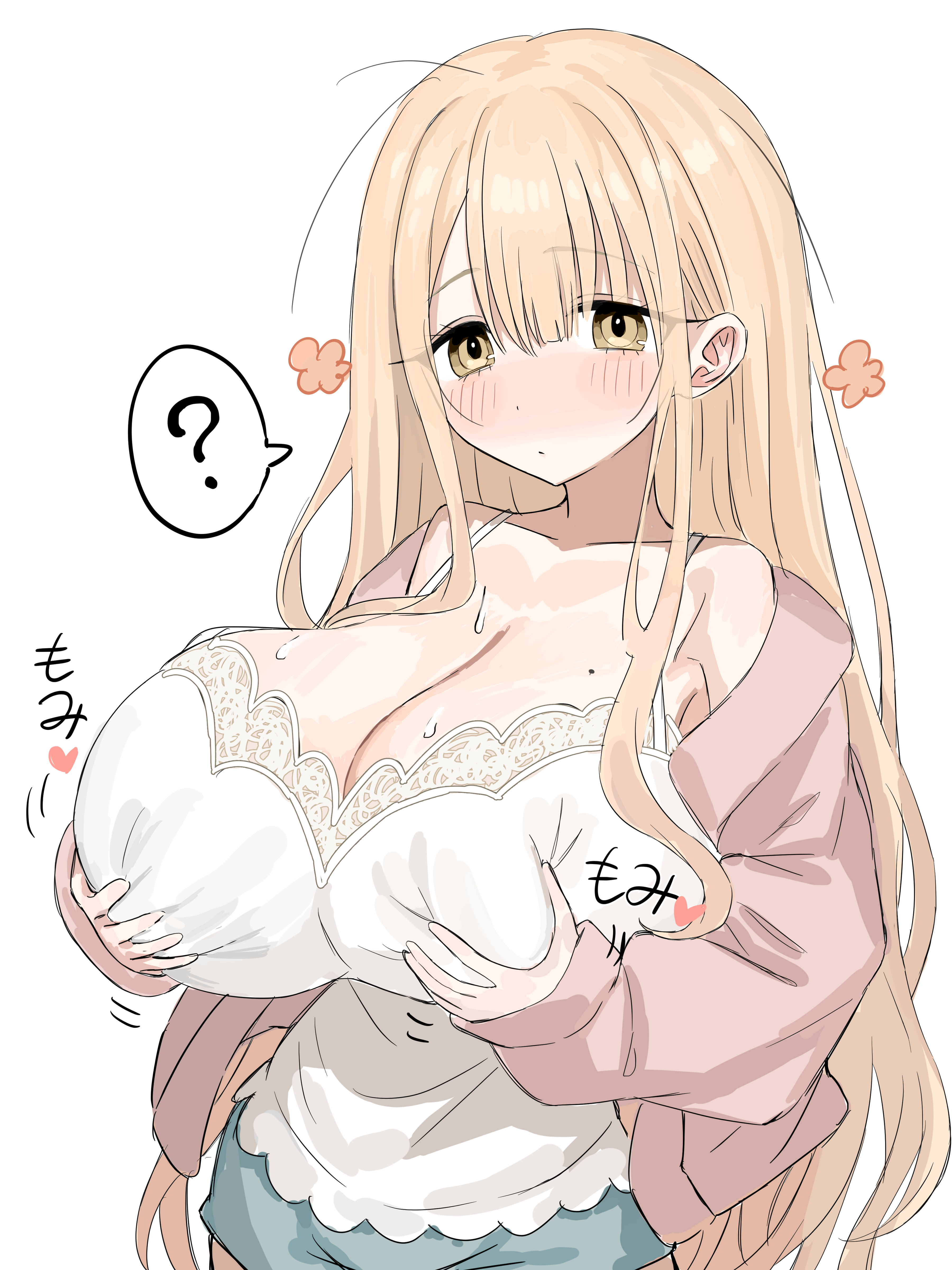 bfmelu, original, absurdres, commentary request, highres, 1girl, ?, armpit crease, blonde hair, blue shorts, blush, breasts, camisole, cleavage, closed mouth, collarbone, dot mouth, dot nose, grabbing own breast, hair between eyes, heart, jacket, lace-trimmed camisole, lace trim, large breasts, long hair, mole, mole on breast, pink jacket, shorts, simple background, solo, spoken question mark, sweat, upper body, very long hair, white background, white camisole, yellow eyes