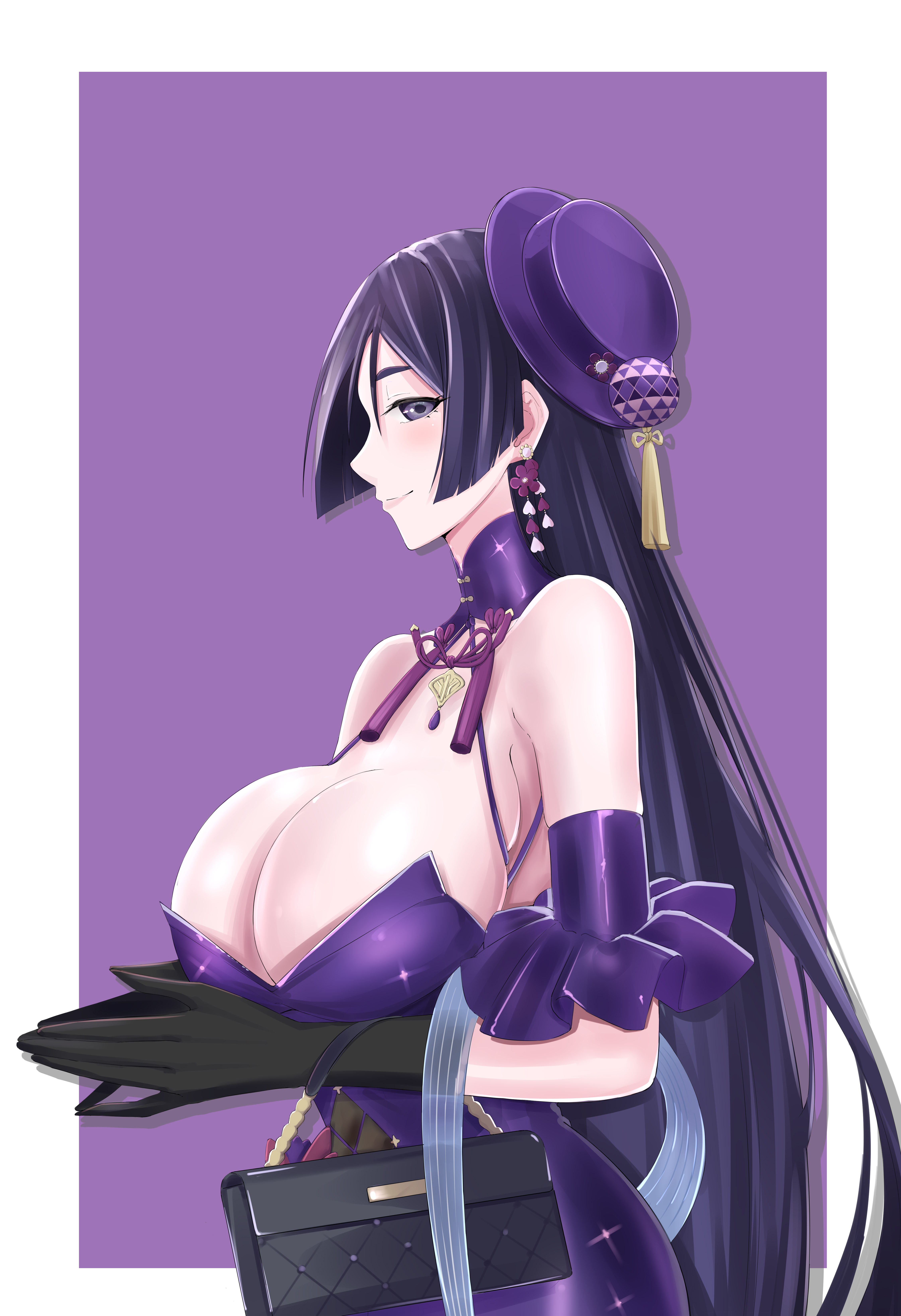 mantou devil, minamoto no raikou (fate), fate/grand order, fate (series), absurdres, commentary request, highres, 1girl, black gloves, breasts, dress, elbow gloves, from side, gloves, large breasts, long hair, looking at viewer, parted bangs, profile, purple dress, purple eyes, purple hair, smile, solo, tassel, very long hair