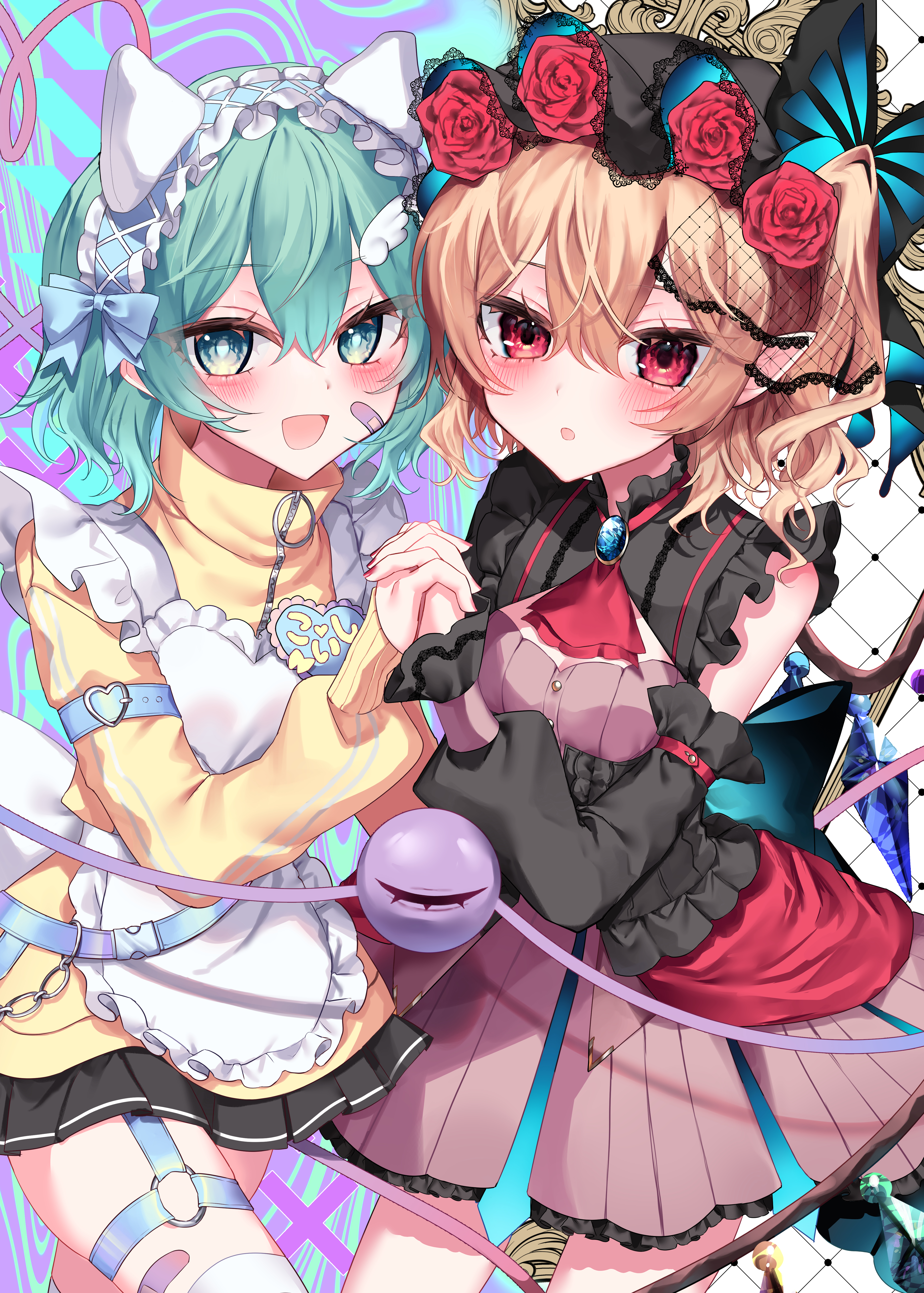 rori82li, flandre scarlet, komeiji koishi, touhou, absurdres, commentary request, highres, 2girls, alternate costume, alternate headwear, apron, arm belt, ascot, back bow, bandaid, bandaid on face, bandaid on thigh, black bow, black hat, black skirt, blonde hair, blush, bow, brooch, brown dress, cowboy shot, crystal, crystal wings, detached sleeves, dress, eyeball, flower, green eyes, green hair, hair flower, hair ornament, hairband, hat, holding hands, interlocked fingers, jacket, jersey maid, jewelry, looking at viewer, maid, maid apron, medium hair, mob cap, multicolored wings, multiple girls, name tag, one side up, open mouth, red ascot, red eyes, red flower, red nails, red rose, rose, skirt, smile, thigh strap, thighhighs, third eye, unconventional maid, white apron, white hairband, white thighhighs, wing hair ornament, wings, yellow jacket