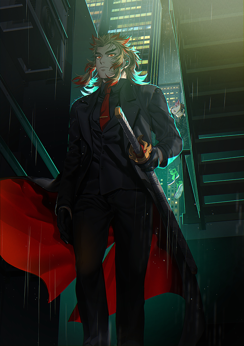 hashimoto (yanagi-momo), kamado tanjirou, rengoku kyoujurou, kimetsu no yaiba, commentary request, 2boys, alternate costume, black coat, black gloves, black jacket, black pants, black shirt, black suit, black vest, blonde hair, building, city, closed mouth, coat, collared shirt, contemporary, feet out of frame, floating hair, forked eyebrows, formal clothes, fox mask, from below, gloves, green shoes, holding, holding sheath, holding sword, holding weapon, jacket, katana, long hair, long sleeves, looking at viewer, male focus, mask, mask on head, multicolored eyes, multicolored hair, multiple boys, necktie, night, open clothes, outdoors, pants, rain, red eyes, red hair, red necktie, sheath, sheathed, shirt, shoes, sitting, sitting on stairs, solo focus, stairs, standing, streaked hair, suit, sword, two-sided coat, two-sided fabric, two-tone hair, vest, weapon, yellow eyes