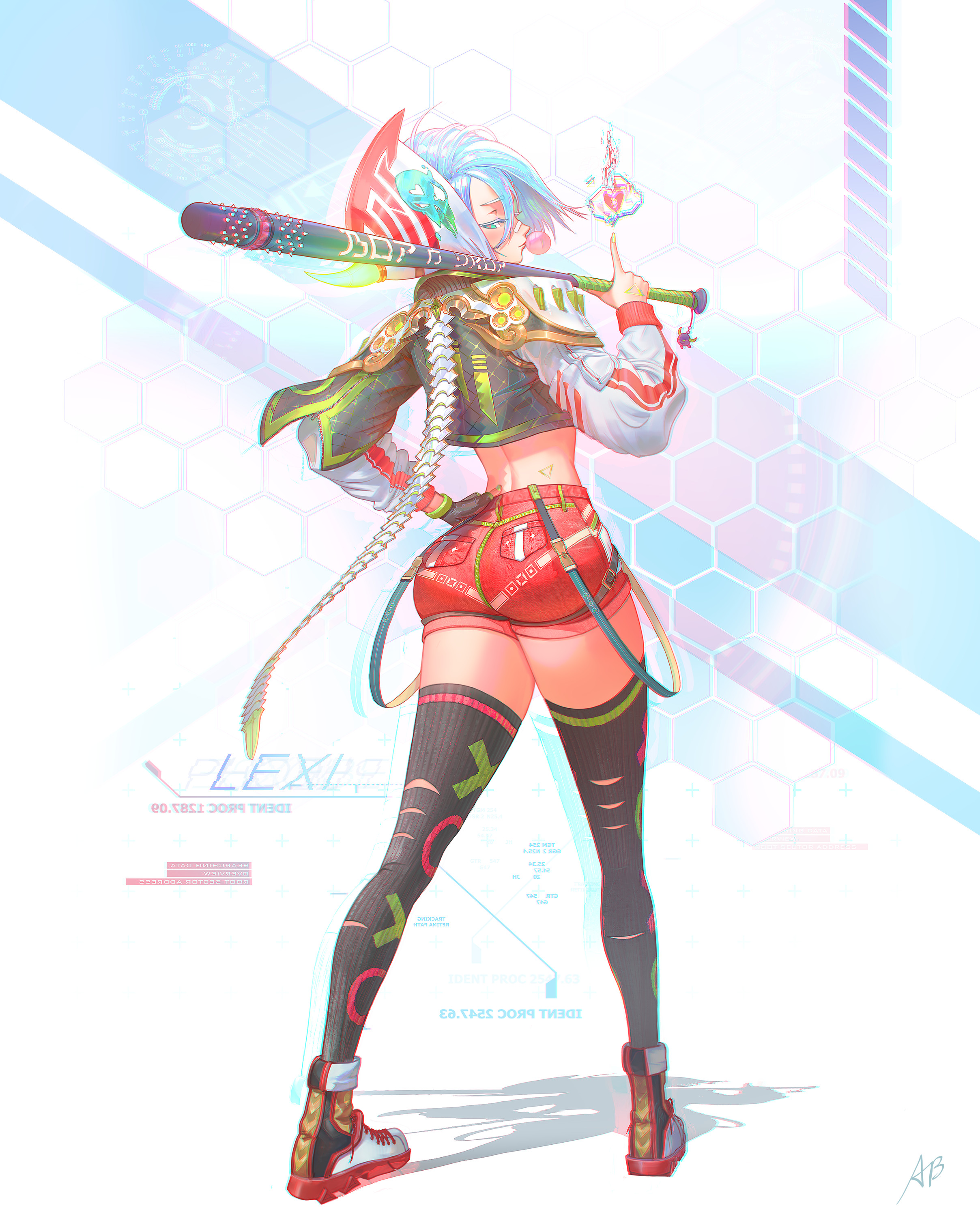 paul nong, original, absurdres, commentary, english commentary, highres, 1girl, aqua eyes, ass, bandaid, bandaid on face, bandaid on nose, black gloves, black jacket, black thighhighs, blue hair, blush, character name, chewing gum, closed mouth, club (weapon), cropped hoodie, cropped jacket, cyberpunk, eyelashes, fingerless gloves, from behind, full body, gloves, hair between eyes, heart, heart-shaped pupils, holding, holding club, holding weapon, hood, hood up, hoodie, index finger raised, jacket, long sleeves, looking at viewer, looking back, nose, over shoulder, pink pupils, profile, red shoes, red shorts, shadow, shoes, short hair, shorts, signature, single glove, solo, standing, suspenders, symbol-shaped pupils, thighhighs, thighs, weapon, weapon over shoulder, white hoodie