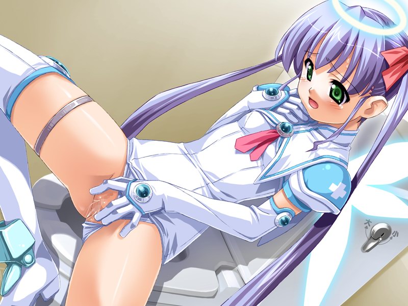 kuuchuu yousai, djibril aries, jinno hikari, makai tenshi djibril, makai tenshi djibril 2, clothed masturbation, light purple hair, game cg, 1girl, :o, angel, angel wings, armor, blush, boots, breasts, brooch, censored, clothing aside, cross, dutch angle, elbow gloves, female focus, female masturbation, flat chest, from side, gem, gloves, glowing, glowing wings, green eyes, hair ribbon, halo, hand on own chest, high heels, indoors, jewelry, leg lift, long hair, looking down, magical girl, masturbation, mosaic censoring, necktie, one-piece swimsuit, open mouth, panties, panties aside, pink necktie, purple hair, pussy, pussy juice, reclining, red cross, ribbon, sailor collar, school swimsuit, shadow, shin guards, short sleeves, shoulder pads, sidelocks, sitting, small breasts, solo, spread legs, swimsuit, swimsuit aside, swimsuit costume, tears, thigh boots, thigh strap, thighhighs, thighlet, toilet, turtleneck, twintails, underwear, very long hair, white gloves, white one-piece swimsuit, white school swimsuit, white thighhighs, wings