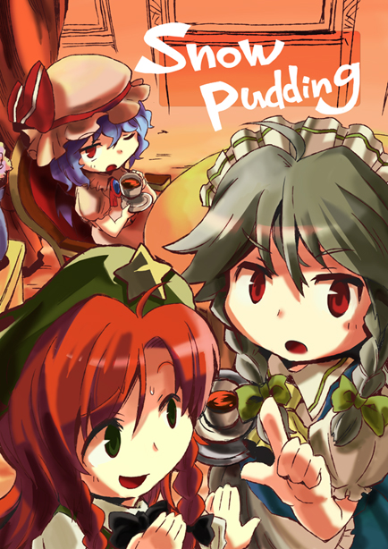 3speed, jiageya (atojian keikaku), hong meiling, izayoi sakuya, remilia scarlet, embodiment of scarlet devil, touhou, 3girls, annoyed, apron, beret, blue hair, braid, cup, curtains, english text, female focus, green eyes, grey hair, hat, index finger raised, indoors, maid, maid apron, maid headdress, multiple girls, one eye closed, red eyes, red hair, room, short hair, sitting, star (symbol), sweatdrop, table, teacup, tray, twin braids, wink