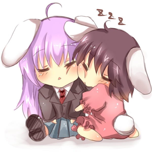 mitsu yomogi, inaba tewi, reisen udongein inaba, touhou, light purple hair, red neckwear, bad id, bad pixiv id, 2girls, :>, ahoge, animal ears, barefoot, brown hair, cheek-to-cheek, chibi, closed eyes, dress, dress shirt, female focus, heads together, hug, long hair, multiple girls, necktie, pleated skirt, puffy short sleeves, puffy sleeves, purple hair, rabbit ears, rabbit tail, shirt, shoes, short hair, short sleeves, simple background, sitting, skirt, sleeping, tail, wariza, white background, white shirt, zzz