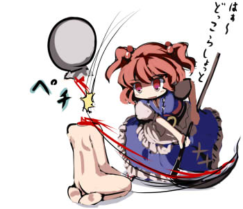 gatau, onozuka komachi, sin sack, touhou, lowres, translation request, 1boy, 1girl, blood, chibi, death, decapitation, red hair, scythe, twintails, two side up