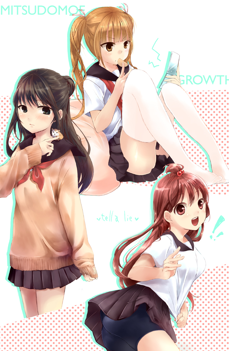 hakka0320, chikubi, marui futaba, marui hitoha, marui mitsuba, mitsudomoe (manga), highres, !, !!, 3girls, aged up, bike shorts, black eyes, black hair, brown hair, cellphone, chips (food), eating, english text, feet, food, hair bobbles, hair bun, hair ornament, hamster, long hair, multiple girls, phone, potato chips, red eyes, red hair, school uniform, serafuku, single hair bun, skirt, smile, socks, sweater, thighhighs, twintails, zettai ryouiki