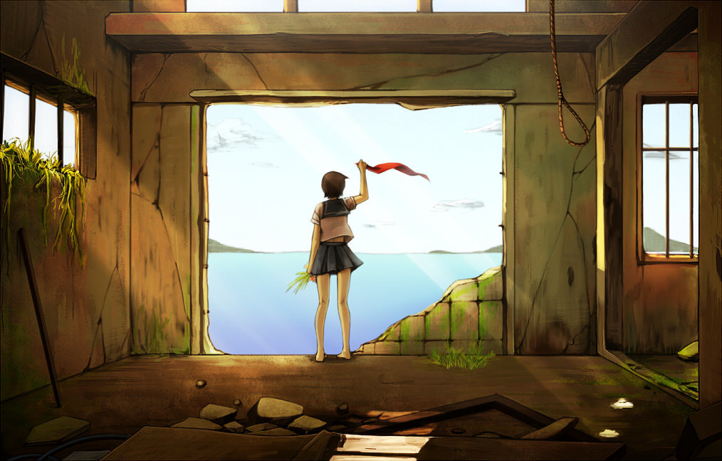 milcho, fuura kafuka, sayonara zetsubou sensei, 00s, 1girl, barefoot, black hair, cloud, day, female focus, noose, rope, ruins, school uniform, serafuku, short hair, skirt, sky, solo, water