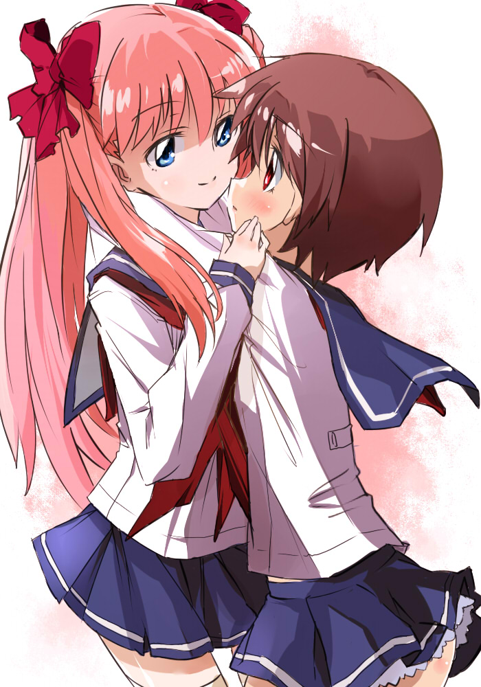maromi (am97), haramura nodoka, miyanaga saki, saki (manga), bad id, bad pixiv id, md5 mismatch, 2girls, blue eyes, blush, brown hair, long hair, multiple girls, red eyes, school uniform, serafuku, short hair, smile, thighhighs, yuri