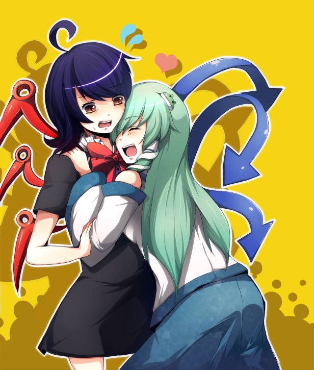 lion nicole, nicole (lion), houjuu nue, kochiya sanae, touhou, bad id, bad pixiv id, 2girls, black hair, detached sleeves, female focus, frog, green hair, hair ornament, japanese clothes, long hair, multiple girls, red eyes, short hair, wings