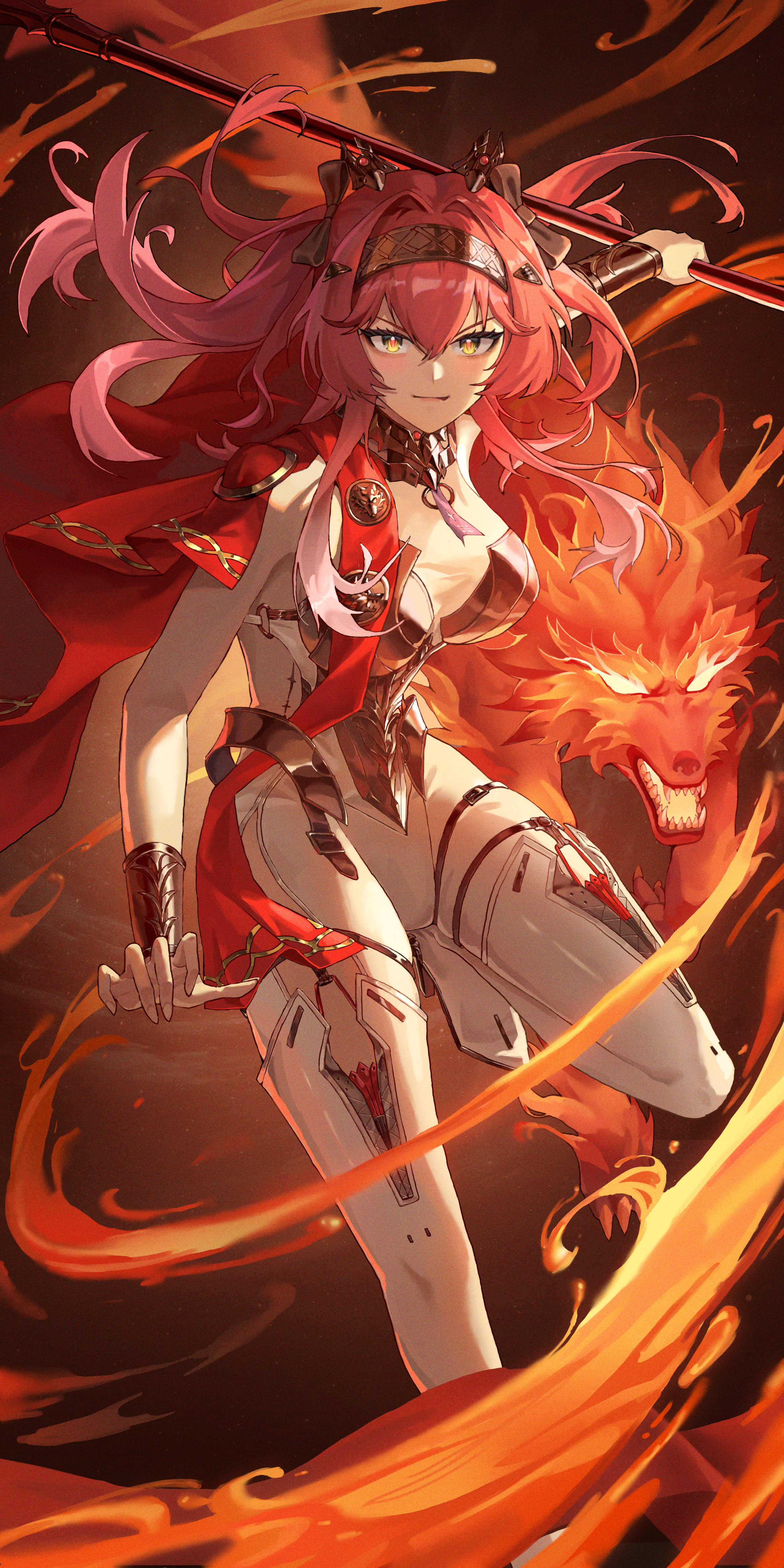 lujao haitang, lupa (wuthering waves), wuthering waves, absurdres, commentary request, highres, 1girl, biting own lip, bow, brown bow, collar, fire, hair bow, hair intakes, hairband, holding, holding polearm, holding weapon, knee up, long hair, looking at viewer, metal collar, metal hairband, multiple hair bows, pink hair, polearm, red pupils, solo, tacet mark (wuthering waves), weapon, wolf, wrist guards, yellow eyes