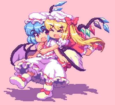 kou 2008, flandre scarlet, remilia scarlet, touhou, bad id, bad pixiv id, lowres, > <, 2girls, blonde hair, blue hair, closed eyes, fang, female focus, glomp, hat, hug, hug from behind, multiple girls, pixel art, red eyes, short hair, siblings, simple background, sisters, wings